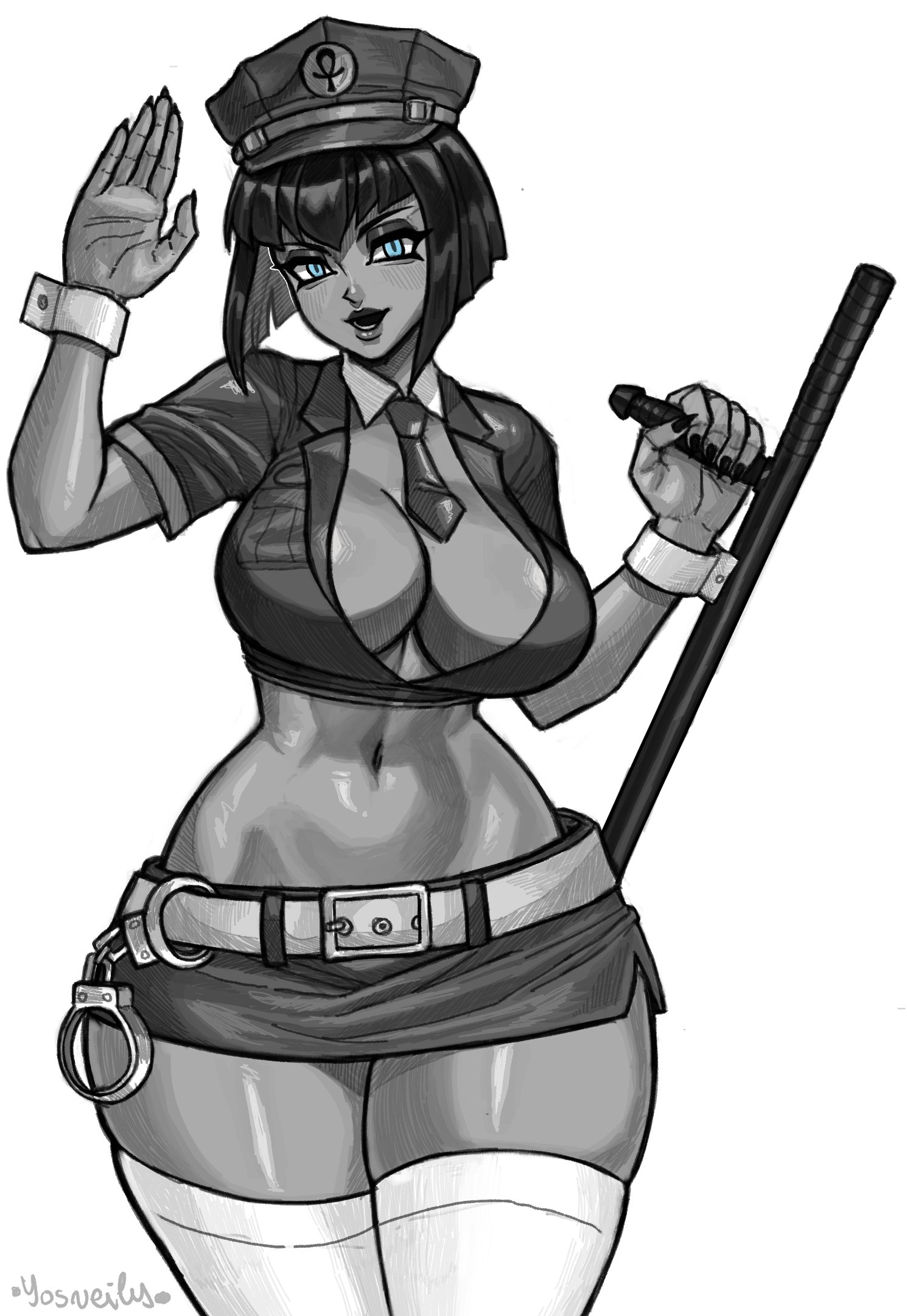 1girls, alternate color, ankh, baton, baton (weapon), belt, black hair, black nails, blue eyes, bob cut, breasts, cleavage, cowboy shot, crop top, cuffs, dark skin, dark-skinned female, detached collar, egyptian, eliza (skullgirls), facing viewer, female, female only, fingernails, greyscale, hand up, handcuffs, hat, highres, large breasts, lipstick, long fingernails, looking at viewer, makeup, midriff, miniskirt, monochrome, mooo sann, nail polish, navel, necktie, open mouth, police, police hat, police uniform, policewoman, revealing clothes, salute, short hair, skimpy clothes, skirt, skullgirls, smile, solo, spot color, thick thighs, thighhighs, thighs, uniform, weapon, wide hips, wrist cuffs
