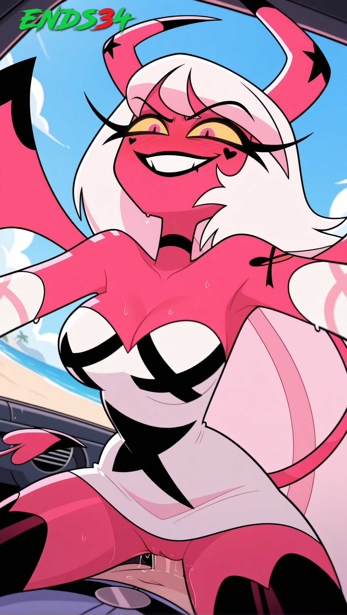 2025, ai generated, demon girl, demon tail, dress, ends34, female, female focus, helluva boss, pussy, sex, spread legs, stockings, succubus, tail, vaginal penetration, vaginal sex, verosika mayday (helluva boss)
