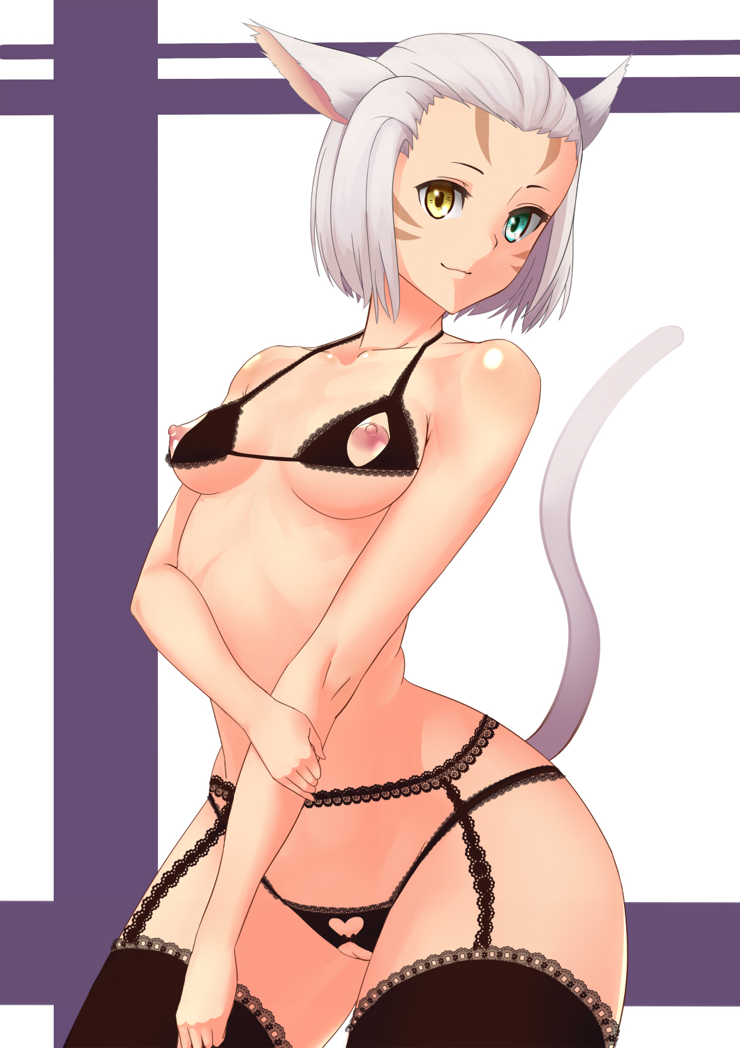 animal_ears aqua_eyes areolae bra breasts cat_ears cat_tail crotchless_panties curvy female final_fantasy final_fantasy_xiv fur furry_ears furry_tail garter_belt helmet_(touhu812) heterochromia highres lingerie looking_at_viewer miqo'te nipples panties pussy short_hair silver_hair smile solo tail thick_thighs thighhighs uncensored underwear wide_hips yellow_eyes