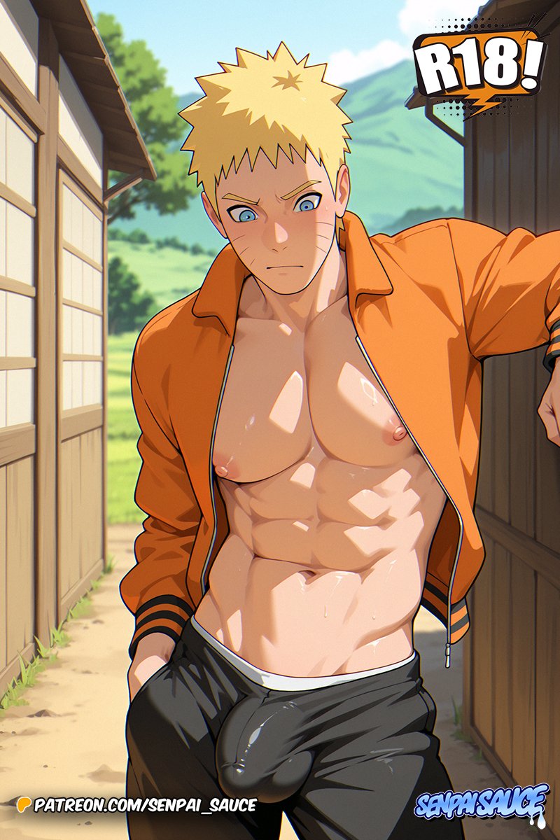 ai generated, bara, blonde hair, blue eyes, boruto: naruto next generations, gay, male, male focus, male only, naruto, naruto (series), senpai sauce, tagme, uzumaki naruto, yaoi