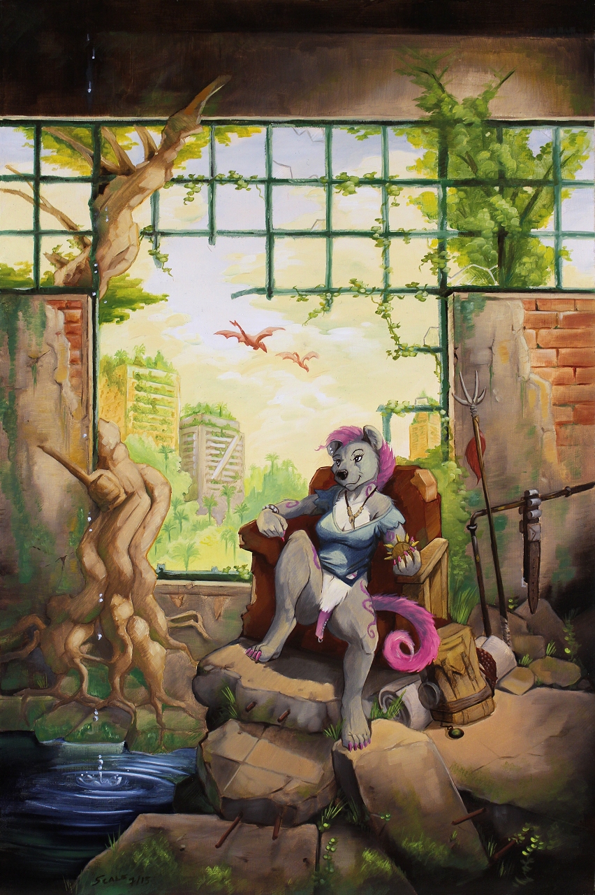 2015 bottomless clothed clothing female fur grey_fur hair half-dressed hyena mammal outside pseudo-penis purple_hair ruins scale_(artist) solo