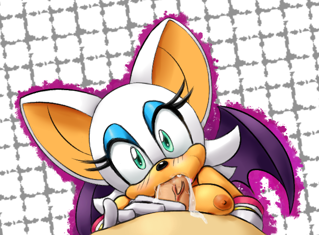 anthro breasts cum cum_in_mouth elbow_gloves female gloves human human_on_anthro looking_at_viewer male male_human/female_anthro male_on_anthro nipple oral partial_male penis rouge_the_bat saltcore sonic_(series) soubriquetrouge