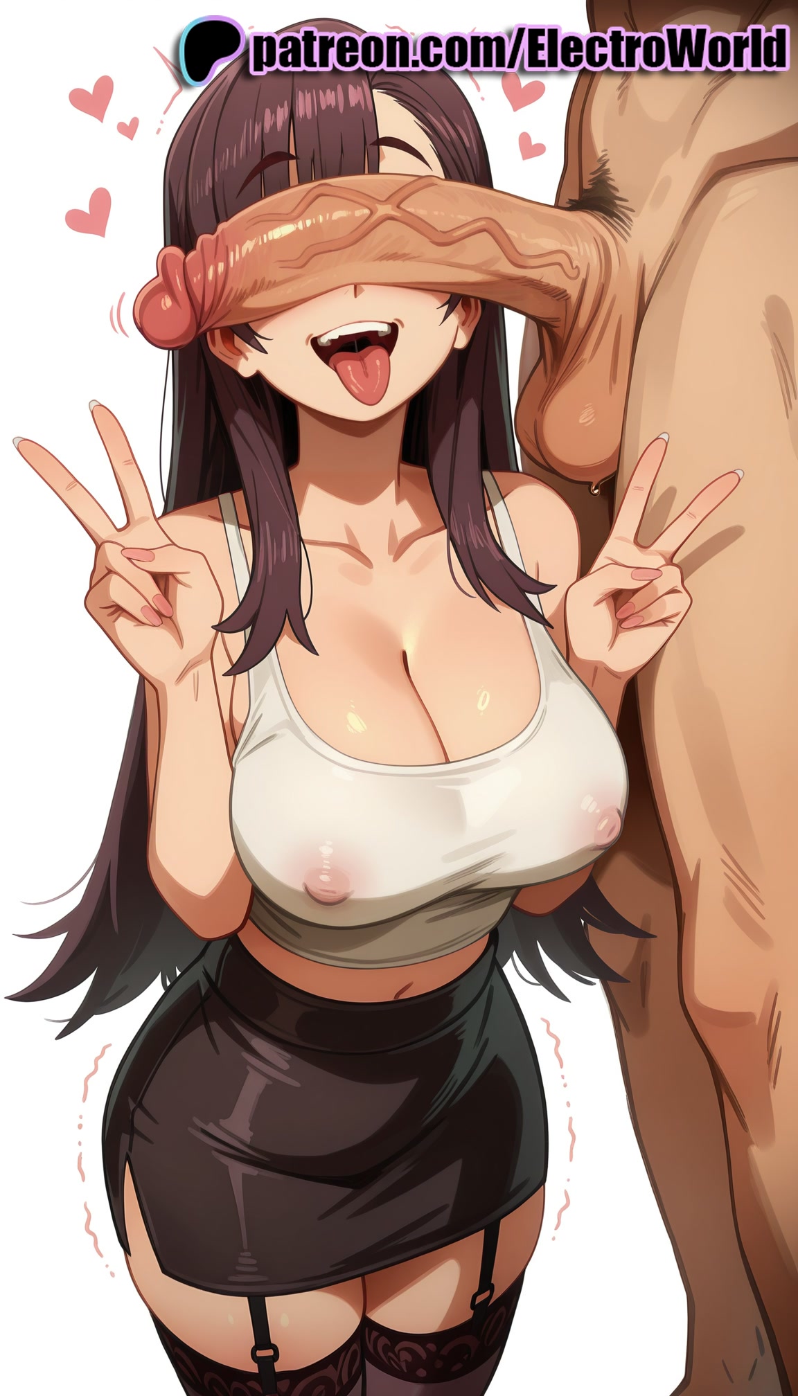 1boy, 1girls, 2025, ai generated, artist name, balls, big breasts, big chest, black skirt, breasts, bust, busty, cant see the haters, chest, cleavage, clothed female nude male, cock, covered nipples, dick, double v, double w, electroworld, erection, female, garter belt, garter straps, heart, hi res, high quality, high resolution, highres, kono subarashii sekai ni shukufuku wo!, large breasts, long hair, male, male pubic hair, miniskirt, nude, patreon, patreon username, pencil skirt, penis, penis on face, precum, pubic hair, see-through, skirt, stable diffusion, straight, testicles, thighhighs, tongue, tongue out, trembling, twitching penis, v, w, watermark, yuiyui (konosuba)