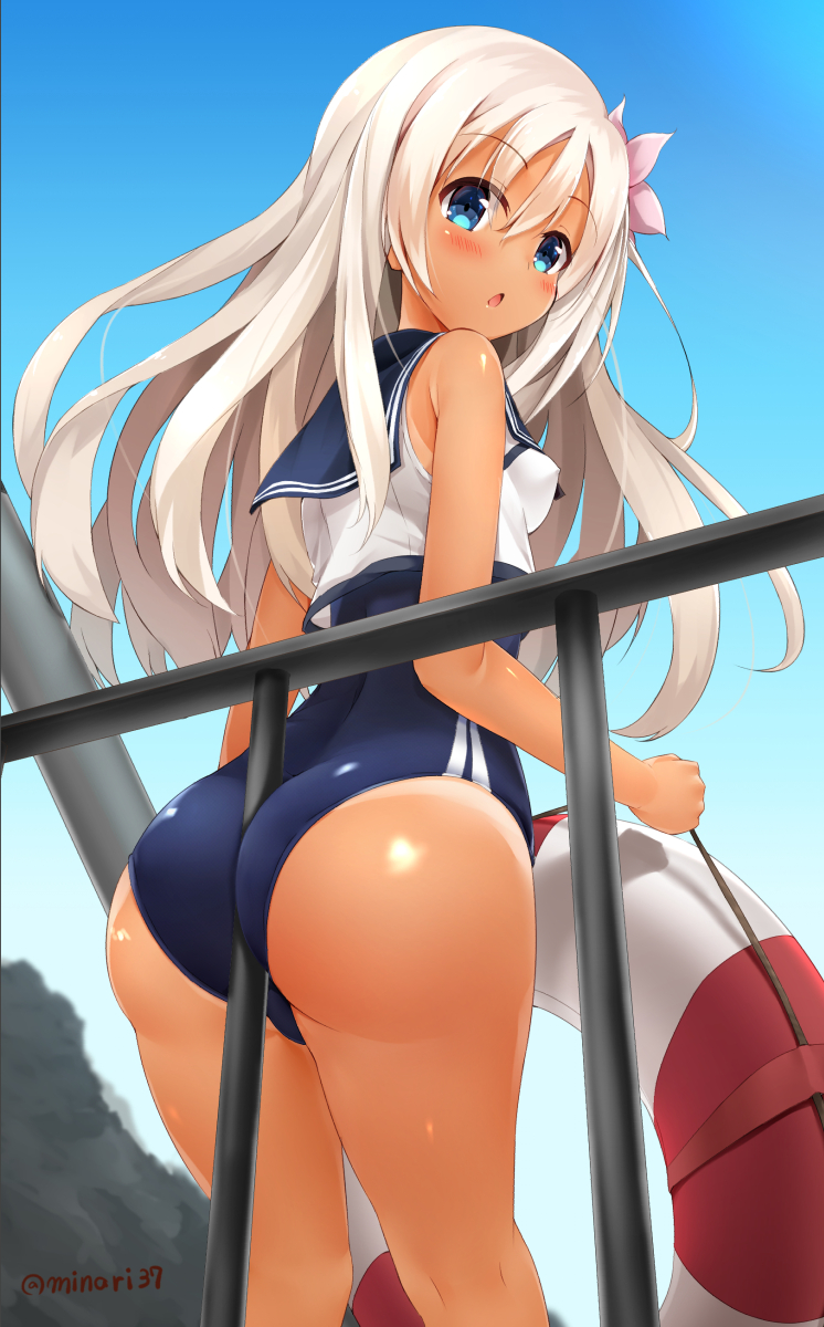 artist name, ass, blue eyes, blush, female, flower, from behind, hair flower, hair ornament, highres, innertube, kantai collection, looking back, minari (minari37), one-piece swimsuit, railing, ro-500 (kantai collection), sailor collar, solo, swimsuit, tan, tanline, white hair