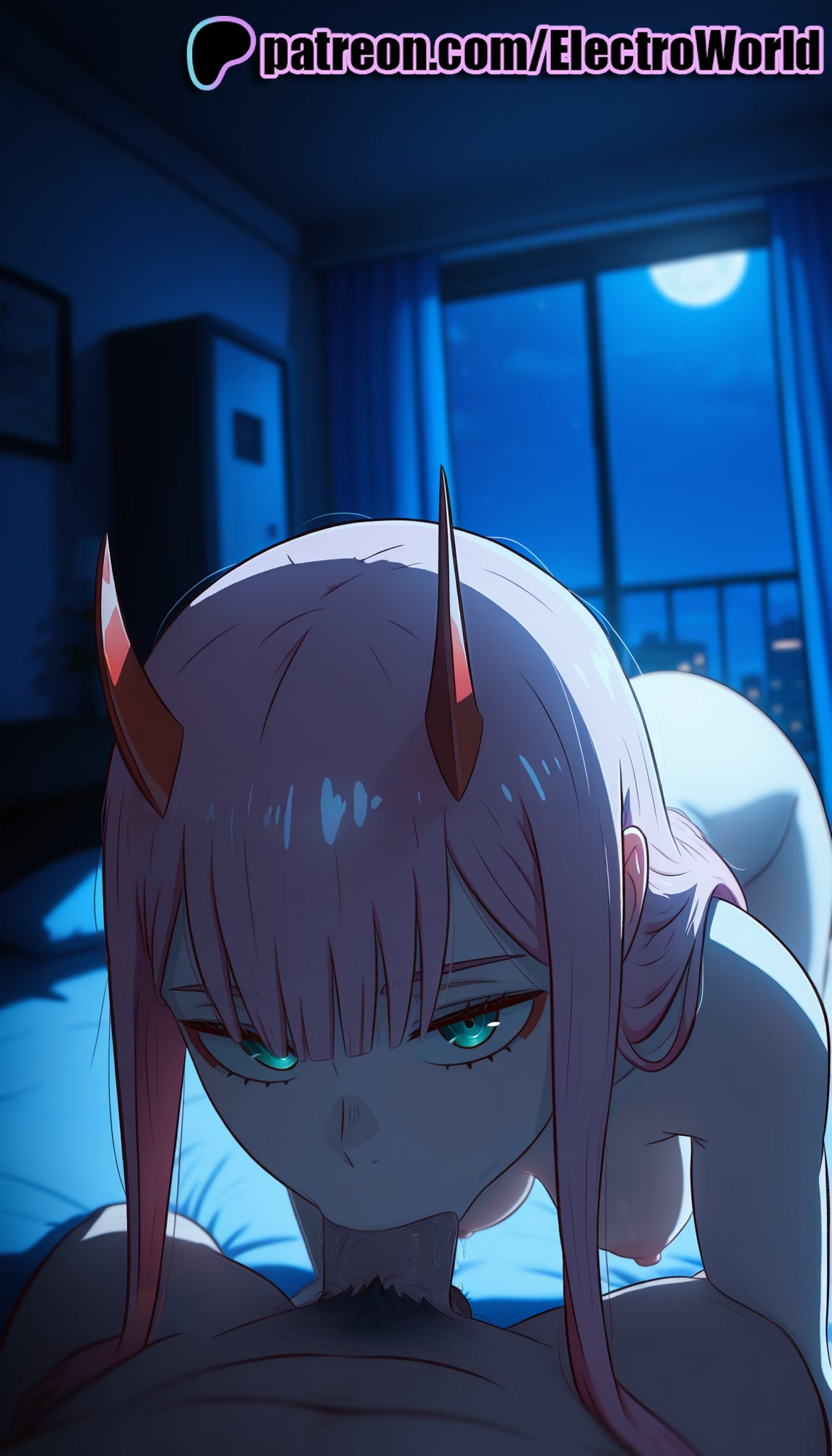 1boy, 1girls, 2025, ai generated, artist name, blowjob, blowjob face, breasts, bust, chest, cock, darling in the franxx, dick, electroworld, exposed nipples, fellatio, female, full moon, hi res, high quality, high resolution, highres, horns, indoors, licking, long hair, looking at viewer, male, moon, moonlight, night, night sky, nipples, nipples outside, oral, oral sex, patreon, patreon username, penis, pov, stable diffusion, straight, sucking, watermark, zero two (darling in the franxx)