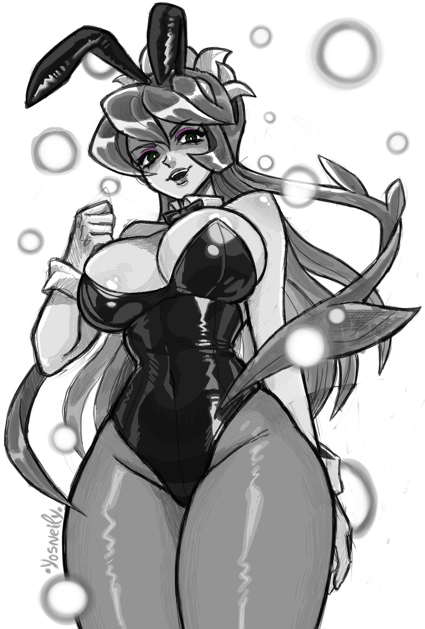 1girls, alternate costume, bow, bowtie, breasts, bunny ears, bunnysuit, detached collar, energy, eyeshadow, female, female only, from below, fukua (skullgirls), greyscale, highres, large breasts, long hair, looking at viewer, looking down, makeup, monochrome, mooo sann, open mouth, pantyhose, rabbit ears, skullgirls, smile, solo, spot color, thick thighs, thighs, white background, wide hips, wrist cuffs