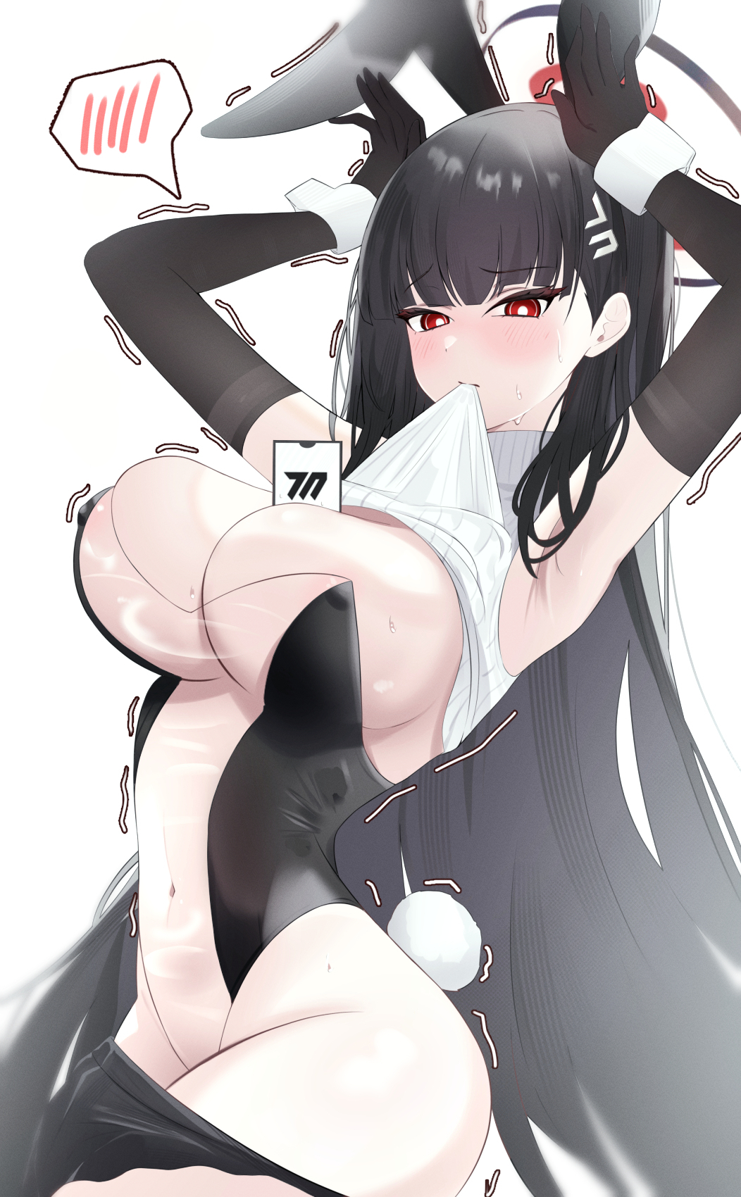 alternate costume, animal ears, armpits, between breasts, biting, biting clothes, black gloves, black hair, black halo, black skirt, blue archive, blush, breasts, cleavage, clothes in mouth, clothes lift, commentary request, covered navel, elbow gloves, fake animal ears, fake tail, female, gloves, halo, highres, id card, kanimiso30601, large breasts, leotard, lifting own clothes, long hair, navel, rabbit ears, rabbit pose, rabbit tail, red eyes, revealing clothes, ribbed sweater, rio (blue archive), see-through clothes, see-through leotard, shy, simple background, skirt, solo, spoken blush, sweater, sweater lift, tail, thighs, trembling, very long hair, white background, white sweater, wrist cuffs