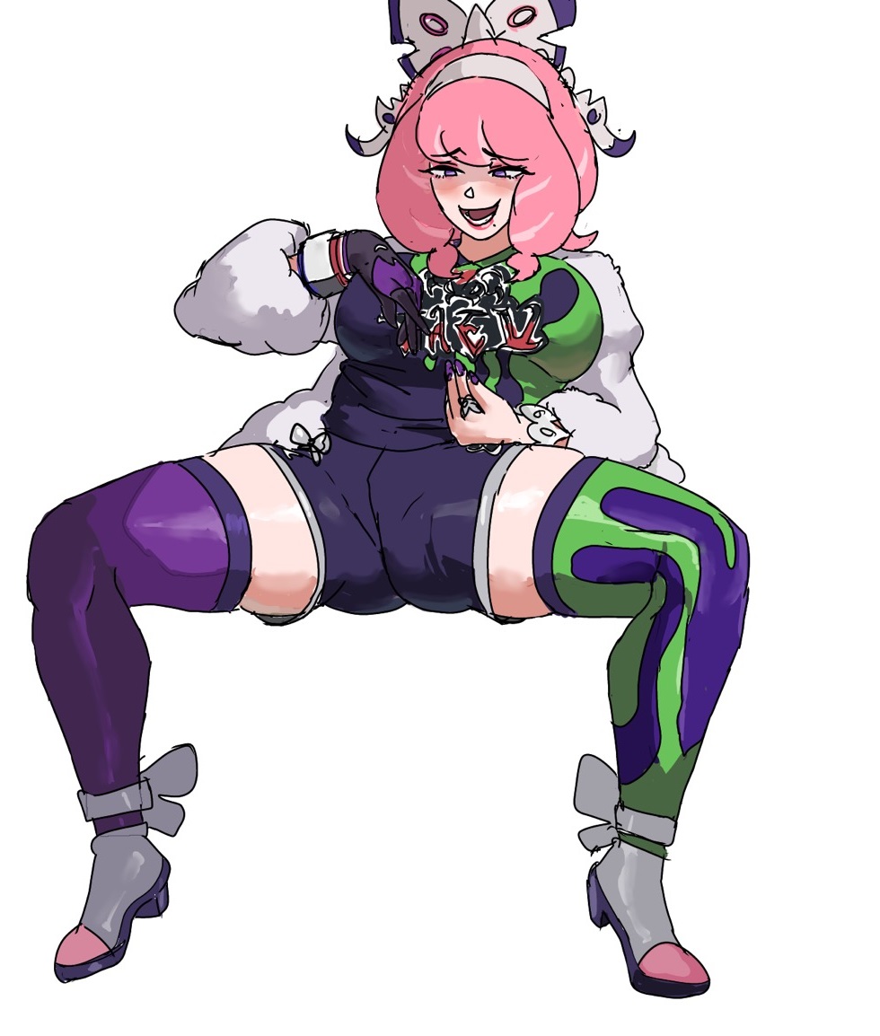 1girls, ass, block heels, blush, bow, bracelet, breasts, coat, collared shirt, drill hair, dynamax band, eyeshadow, female, female only, flipped hair, fur coat, fur jacket, game freak, gialu, gialu (xrta2222), hairband, hairbow, half-closed eyes, jacket, jewelry, klara (pokemon), large breasts, legs apart, lower teeth only, makeup, mole, mole under mouth, nintendo, open mouth, pink eyeshadow, pink hair, pink lips, pokemon, pokemon ss, print shirt, print shorts, purple eyes, raised eyebrows, ring, shirt, short hair, shorts, side slit, side slit shorts, smile, solo, teeth, twin drills, two-tone shirt, two-tone shorts, two-tone thighhighs, white background, white bow, white hairband