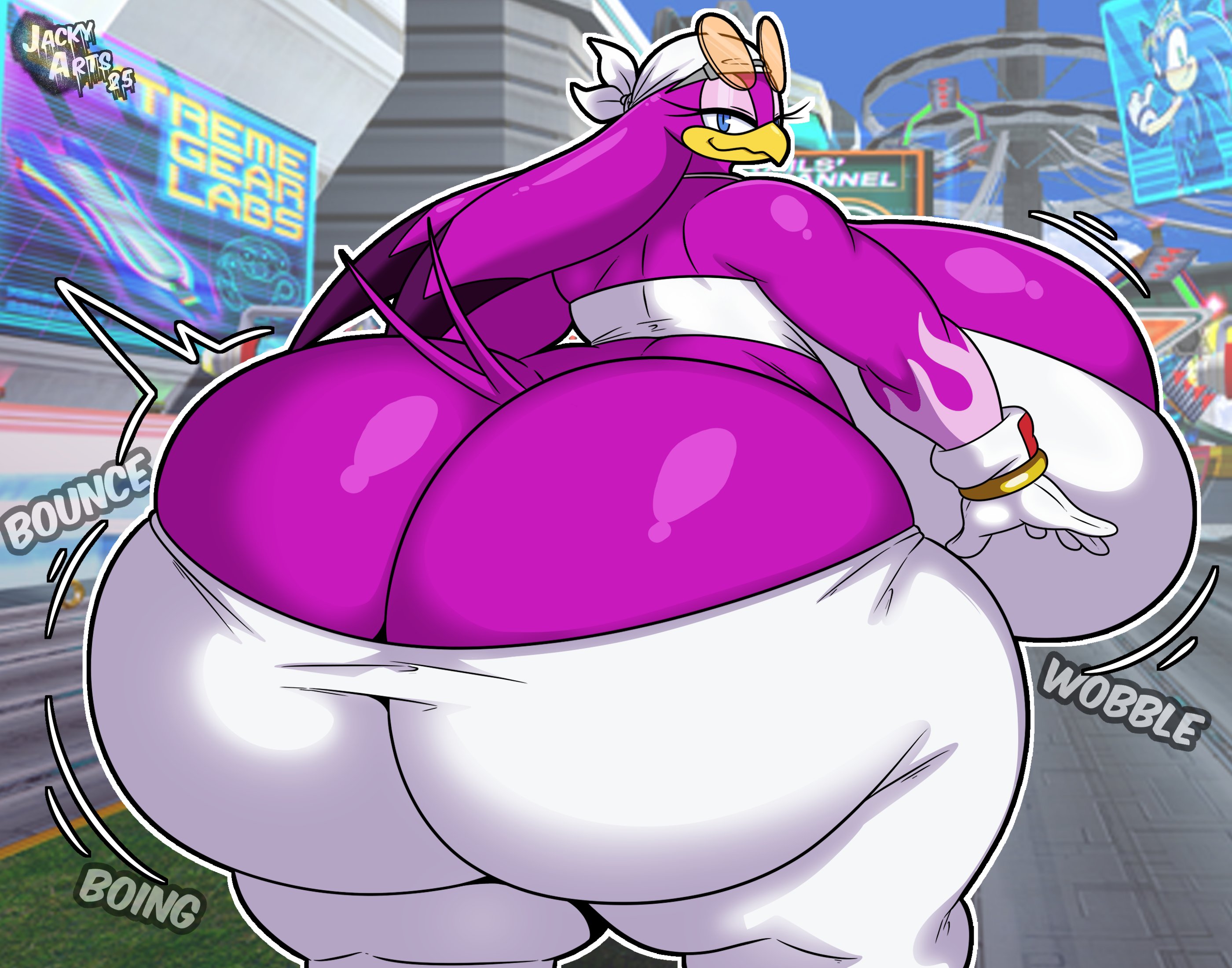 1girls, anthro, ass, ass bigger than head, ass bigger than torso, ass cleavage, avian, bandana, big ass, big breasts, breasts, breasts bigger than head, breasts bigger than torso, busty, butt crack, clothing, crop top, fat ass, female, female only, furry, furry only, gloves, gluteal fold, huge ass, huge breasts, hyper ass, hyper breasts, jacky arts, large ass, large breasts, looking at viewer, looking back, massive ass, massive breasts, pants, solo, sonic (series), sonic the hedgehog (series), sunglasses, sunglasses on head, tail feathers, thick ass, thick thighs, thunder thighs, wave the swallow, wide hips, wobbling ass, wobbling breasts