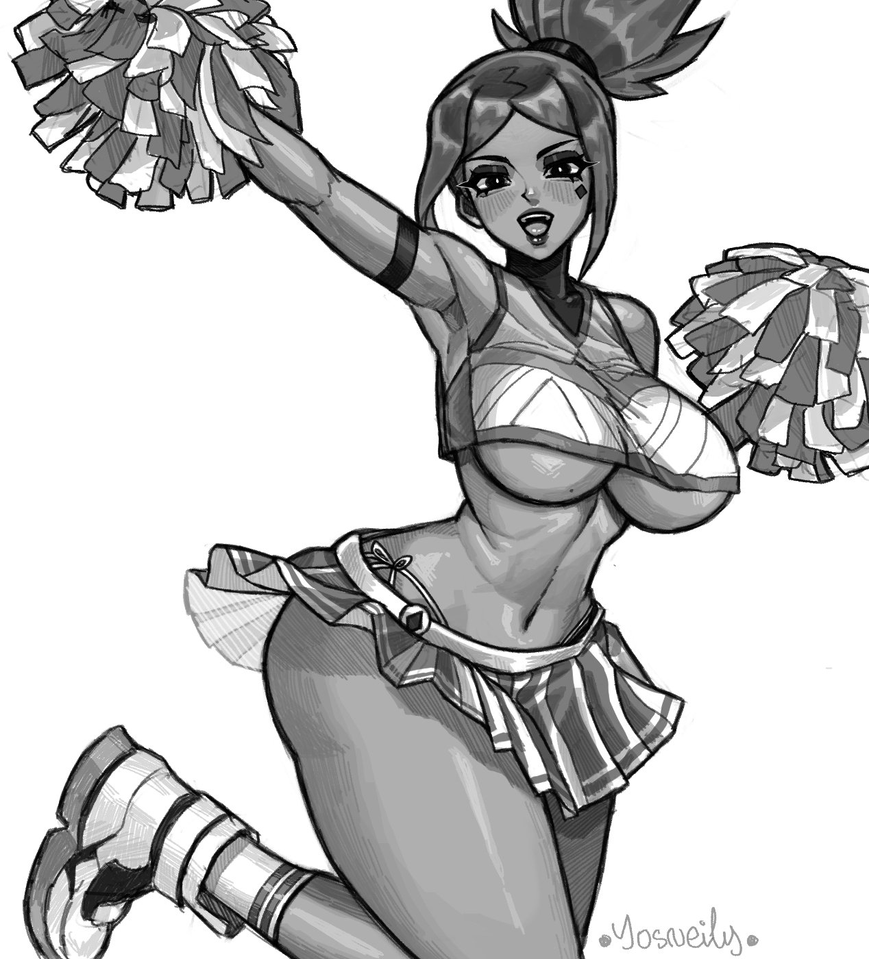 1girls, alternate costume, armband, blush, breasts, cassandra veranos, cerebella, cheerleader, crop top, dark skin, dark-skinned female, female, female only, greyscale, highres, large breasts, looking at viewer, monochrome, mooo sann, navel, open mouth, outstretched arms, panties, pleated skirt, pom pom (cheerleading), ponytail, shoes, side-tie panties, skirt, skullgirls, smile, socks, solo, thick thighs, thighs, thong, underboob, underwear, wide hips