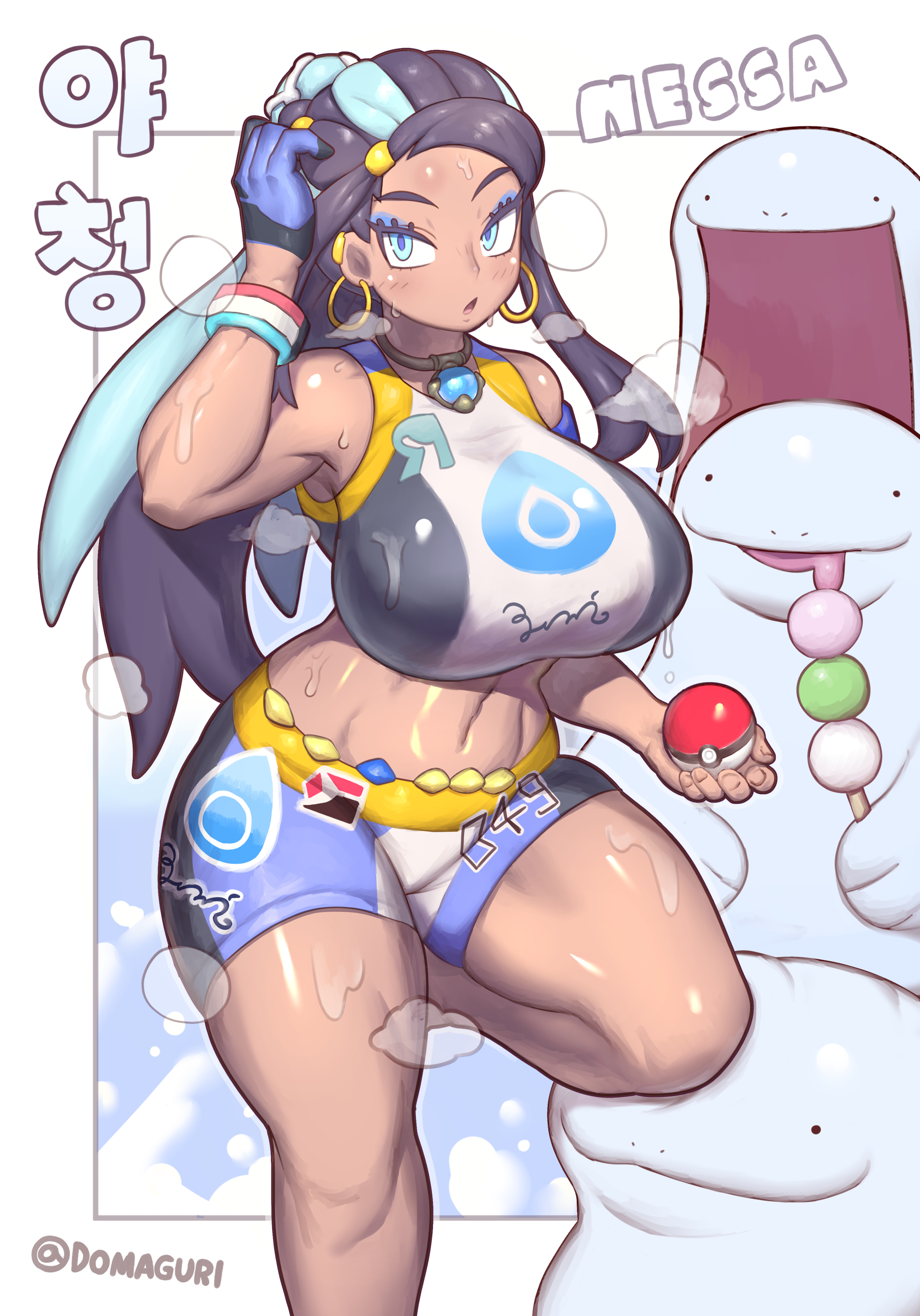 1girls, absurdres, alternate breast size, armlet, bare shoulders, black hair, blue eyes, blue eyeshadow, blue hair, breasts, character name, crop top, dango, domaguri, earrings, eyeshadow, female, female only, food, game freak, gen 2 pokemon, highres, holding, hoop earrings, jewelry, large breasts, makeup, midriff, multicolored hair, navel, nessa (pokemon), nintendo, pokemon, pokemon (creature), pokemon ss, quagsire, sanshoku dango, short shorts, shorts, striped wristband, sweat, two-tone hair, wagashi, wristband