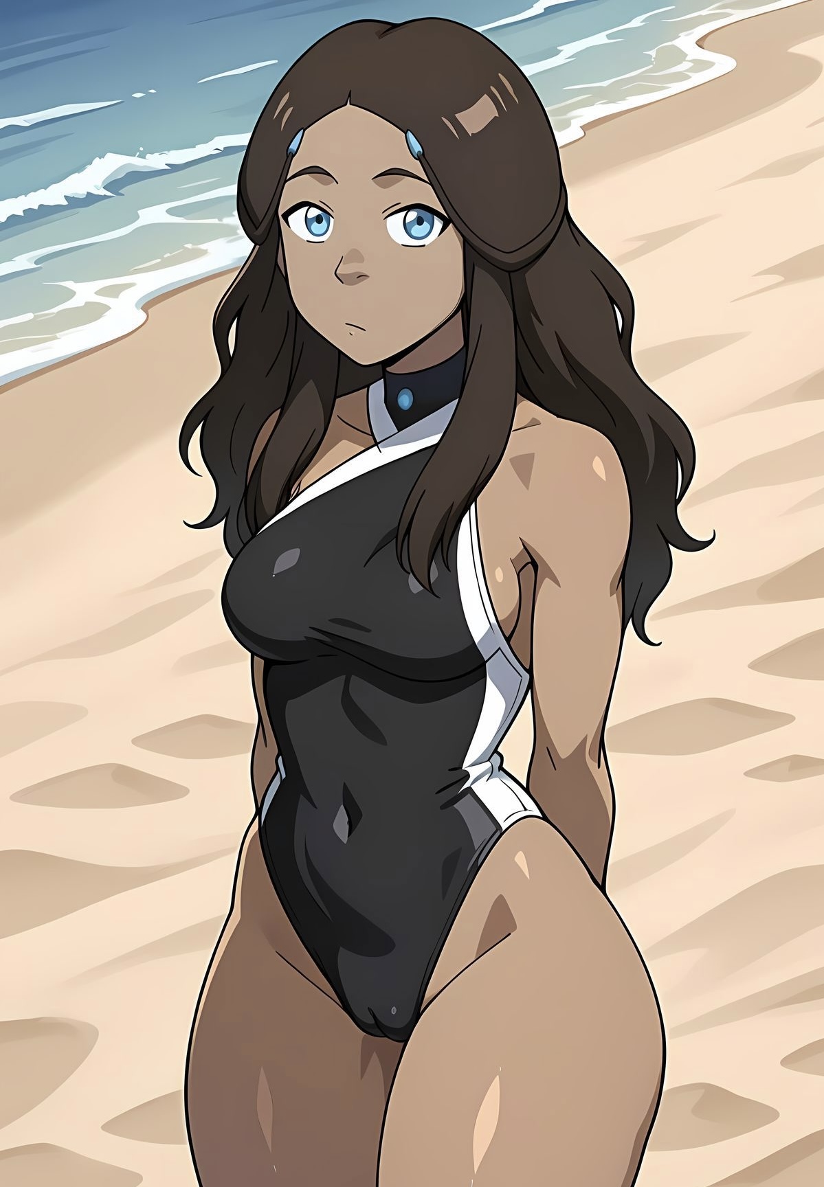 1girls, ai generated, arms behind back, avatar legends, avatar the last airbender, ayyaai, beach, beach background, belly button, big ass, blue eyes, braid, breasts, cameltoe, child bearing hips, choker, dark hair, dark skin, dark-skinned female, female, katara, long hair, looking at viewer, looking back at viewer, medium breasts, pearl (gem), perfect body, sand, sideboob, small waist, solo, solo female, solo focus, standing, swimsuit, swimwear, tanned, tanned female, tanned skin, teenage female, teenager, thick, thick thighs, thighs, water, wide hips