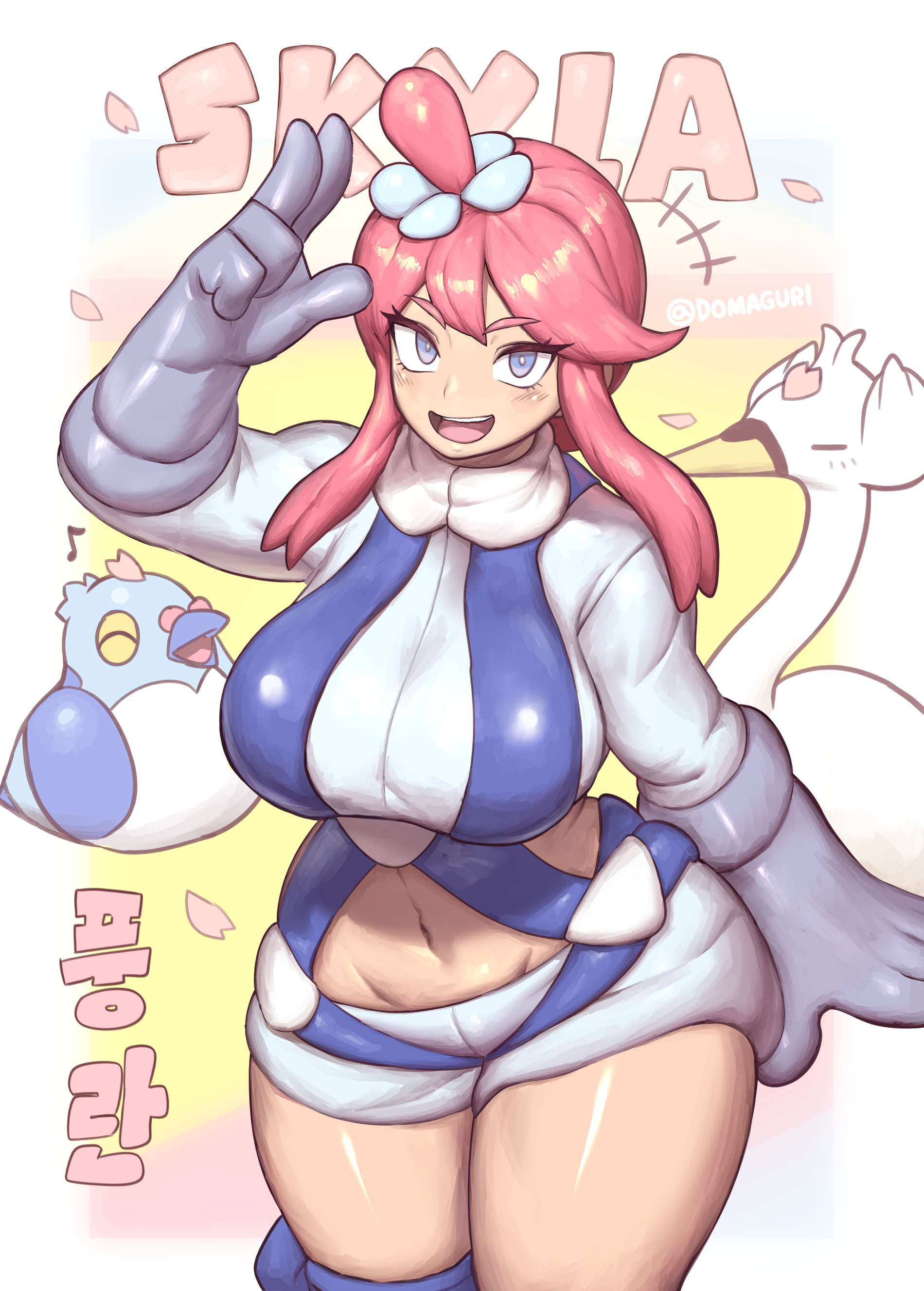 1girls, absurdres, alternate color, blue eyes, blue gloves, blue jacket, blue shorts, breasts, character name, closed eyes, cropped jacket, curvy, domaguri, falling petals, female, female only, game freak, gen 5 pokemon, gloves, groin, hair ornament, hand up, highres, jacket, korean commentary, korean text, large breasts, midriff, mixed-language commentary, multicolored background, navel, nintendo, one side up, petals, pidove, pokemon, pokemon (creature), pokemon bw, pouch, red hair, salute, shiny pokemon, short hair with long locks, short shorts, shorts, skyla (pokemon), smile, suspenders, swanna, tan, teeth, thigh pouch, thigh strap, turtleneck, turtleneck jacket, twitter username, two-finger salute, upper teeth only, wide hips