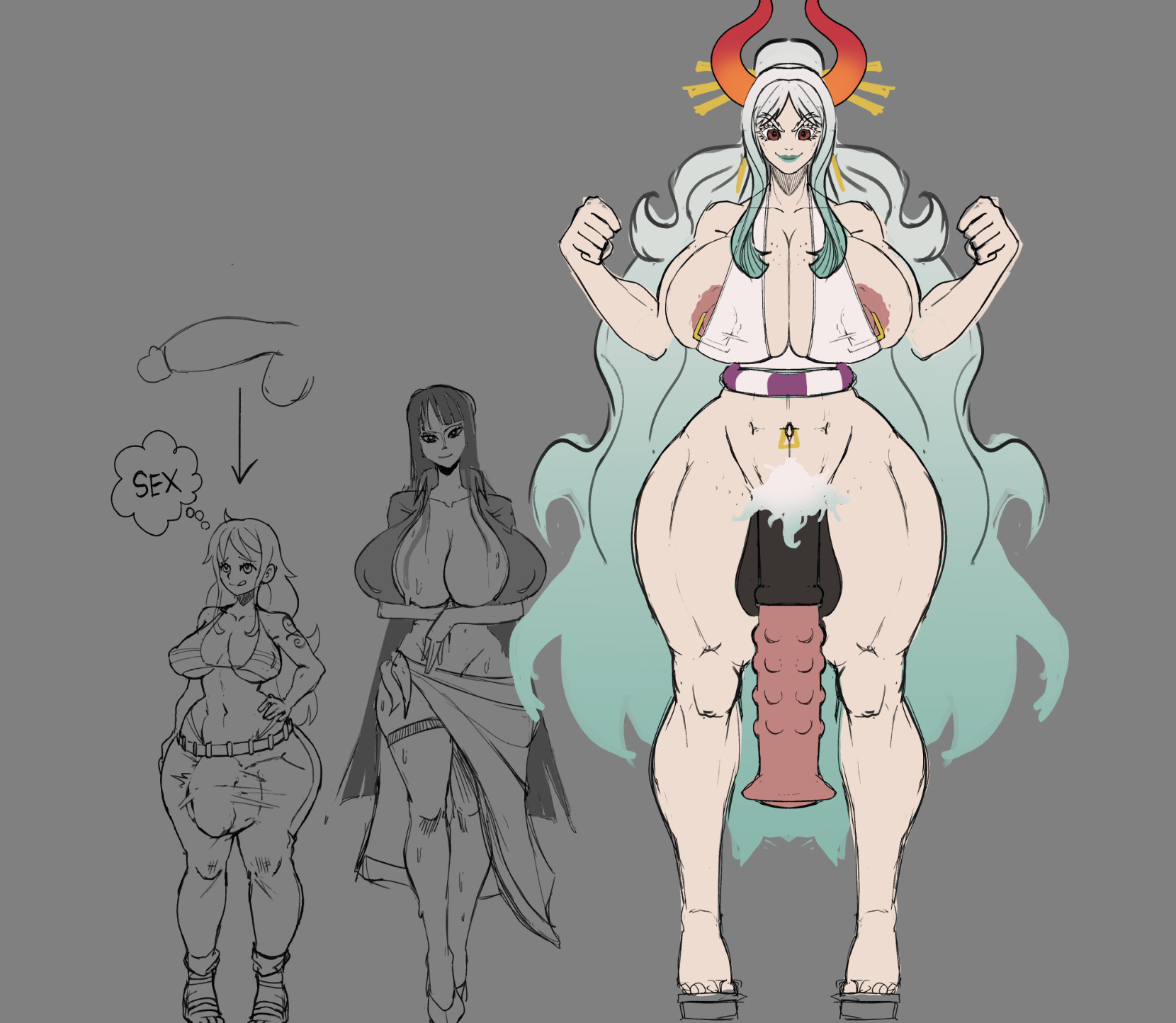1girls, 2futas, aidancore, animal penis, big breasts, breasts, bulge, female, futa with female, futanari, giantess, hamjam, horsecock, horsecock futa, huge breasts, intersex, large breasts, nami (one piece), nico robin, nipple slip, one piece, penis size difference, thick thighs, wide hips, yamato (one piece)
