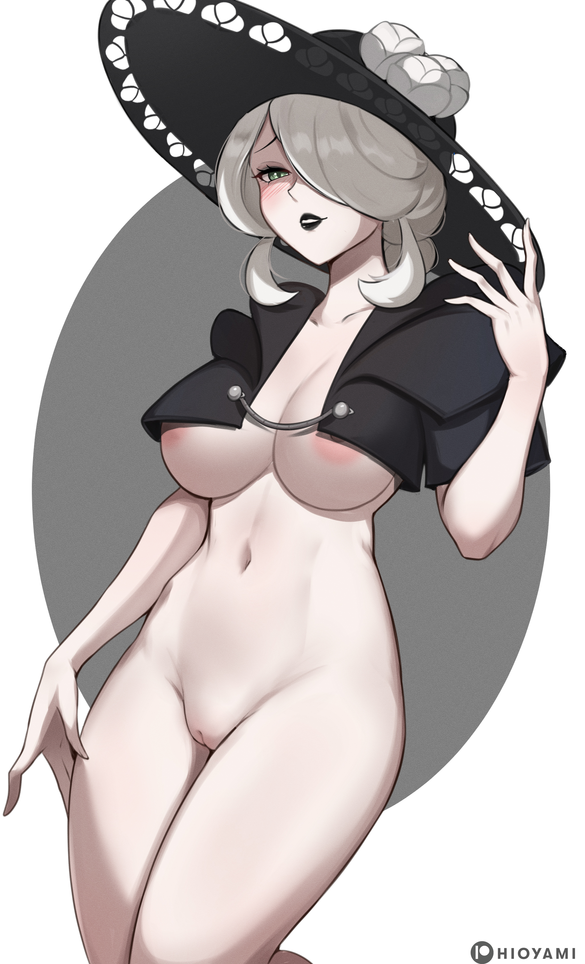 1girls, big breasts, black lipstick, bottomless, breasts, cogita (pokemon), curvaceous, curvy, curvy female, female, female focus, hioyami, huge breasts, large breasts, light skin, light-skinned female, lipstick, nintendo, pokemon, pokemon legends: arceus, slim waist, solo female, thick thighs, thighs