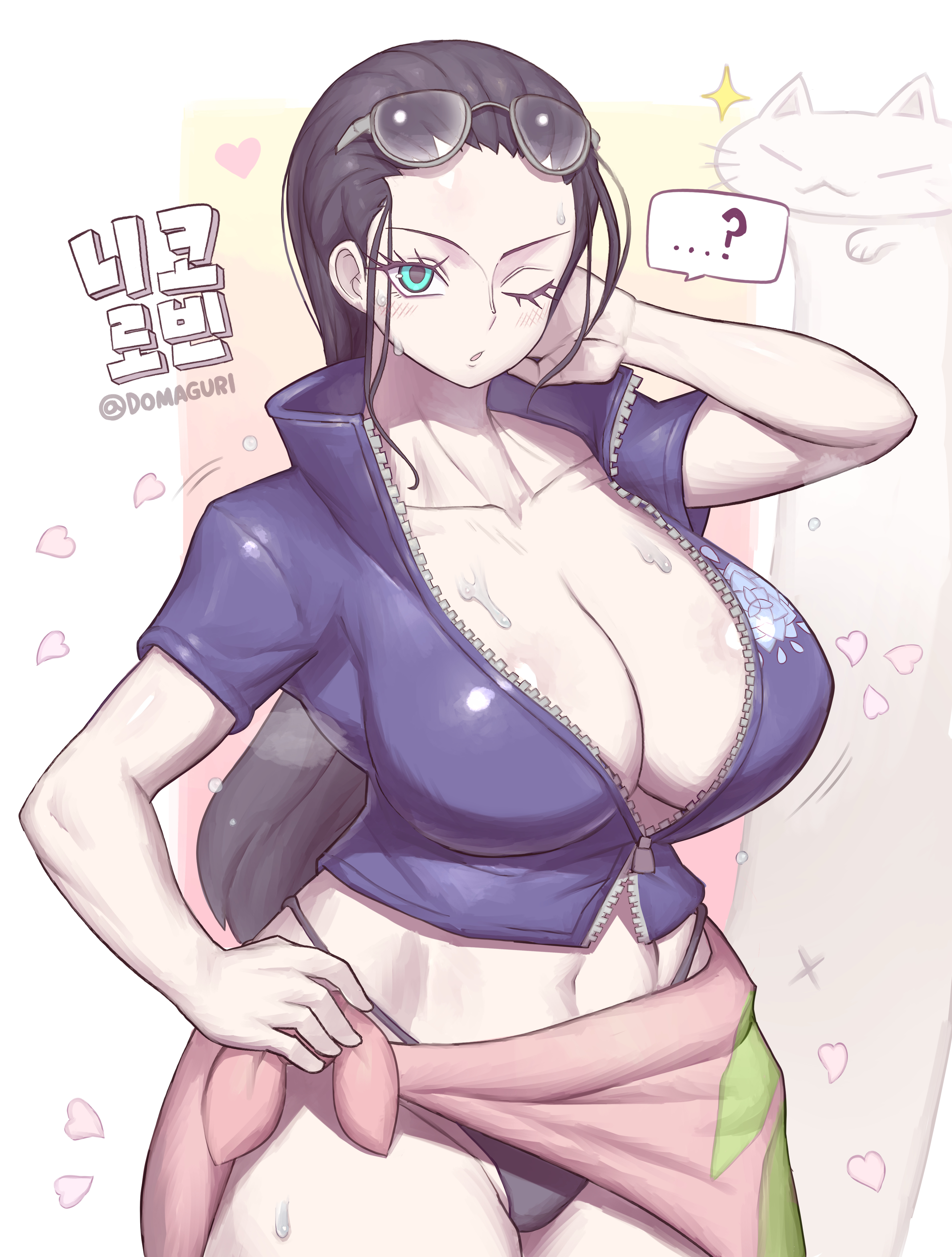 :o, ?, ..., ...?, 1girls, absurdres, artist name, black hair, black panties, black-haired female, blue eyes, blue jacket, breasts, cleavage, collarbone, commentary request, cropped jacket, domaguri, eyewear on head, feline, female, female only, highres, jacket, large breasts, long hair, looking at viewer, midriff, navel, nico robin, nico robin (return to sabaody), one eye closed, one piece, open mouth, panties, pink sarong, sarong, short sleeves, short-sleeved jacket, sidelocks, spoken ellipsis, spoken question mark, sunglasses, thick thighs, thighs, underwear, zipper