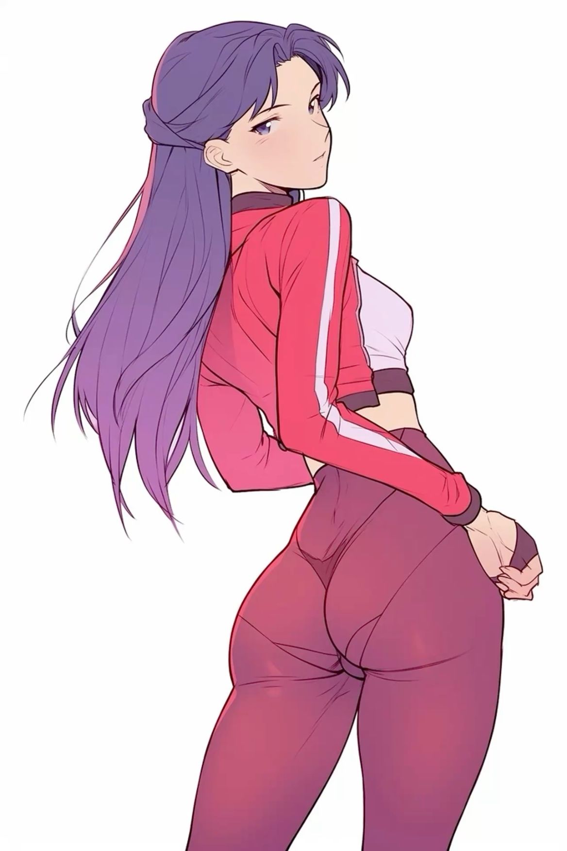 1girls, ai generated, ass, ass focus, bad id, clothed, dead source, female, female only, jacket, looking at viewer, looking back, misato katsuragi, neon genesis evangelion, purple eyes, purple hair, snarf (artist), thong, tight clothing