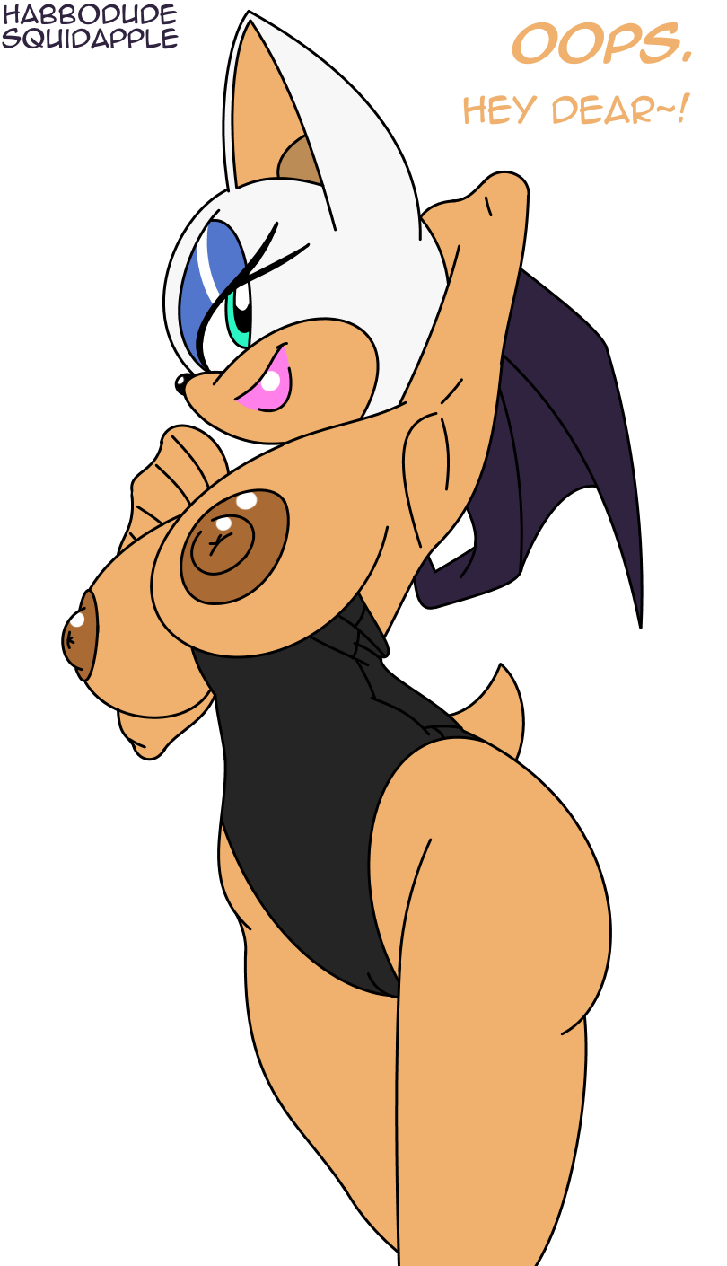 bat blue_eyes breasts brown_nipples english_text female habbodude lips looking_at_viewer mammal nipples rouge_the_bat solo sonic_(series) squidapple text