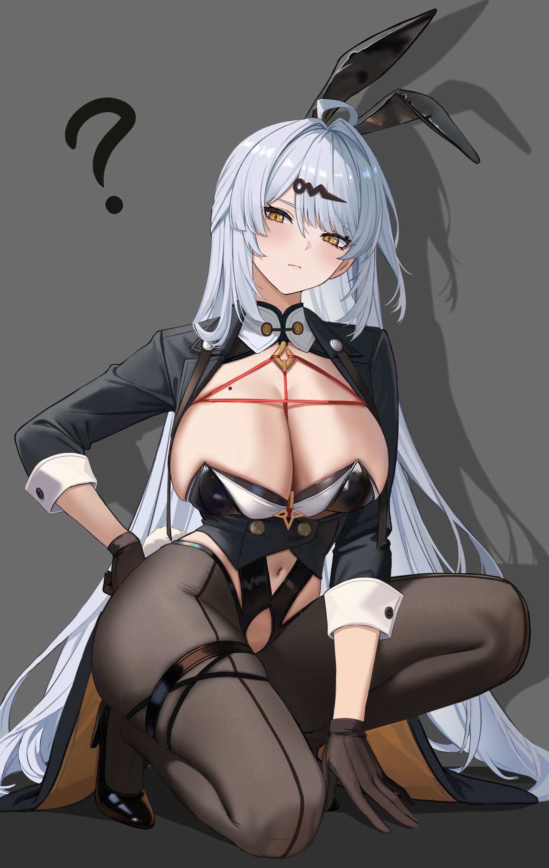 1girls, alternate costume, animal ear hairband, animal ears, black gloves, black jacket, black pantyhose, breasts, bunny ears, bunnysuit, coattails, fake animal ears, female, gaitoou, gloves, hair ornament, hairband, hairclip, hand on own hip, high heels, highres, jacket, large breasts, long hair, looking at viewer, mole, mole on breast, nontraditional playboy bunny, pantyhose, rabbit ear hairband, rabbit ears, shadow, solo, white hair, yellow eyes, yixuan (zenless zone zero), zenless zone zero