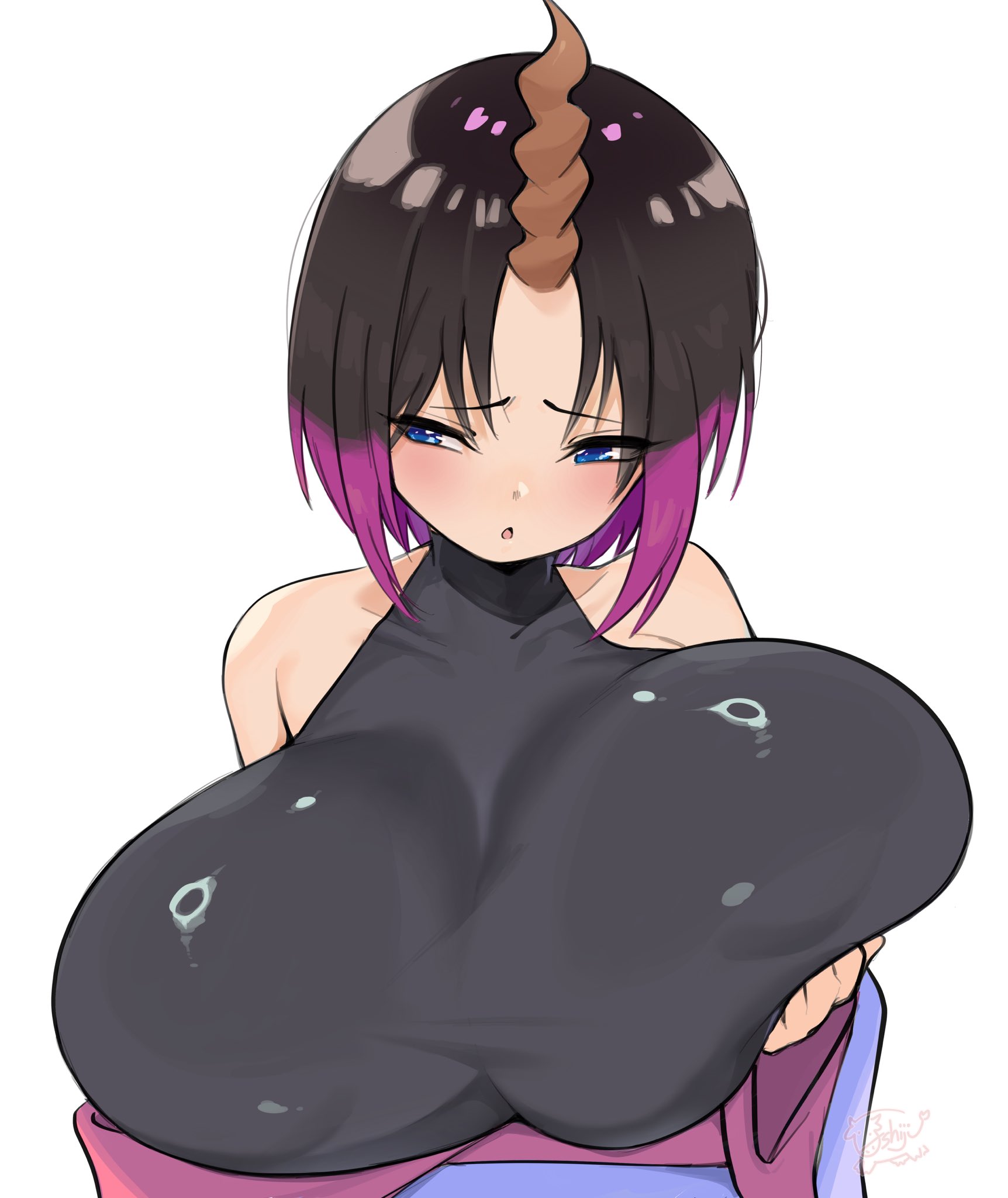 1girls, big breasts, boobs bigger than head, breasts, breasts bigger than head, dragon maid, elma (dragon maid), embarrassed, embarrassed female, female, female focus, female only, horn, kobayashi-san chi no maidragon, large boobs, large breasts, light skin, light-skinned female, looking down, miss kobayashi's dragon maid, purple hair, purple hair female, ushiji