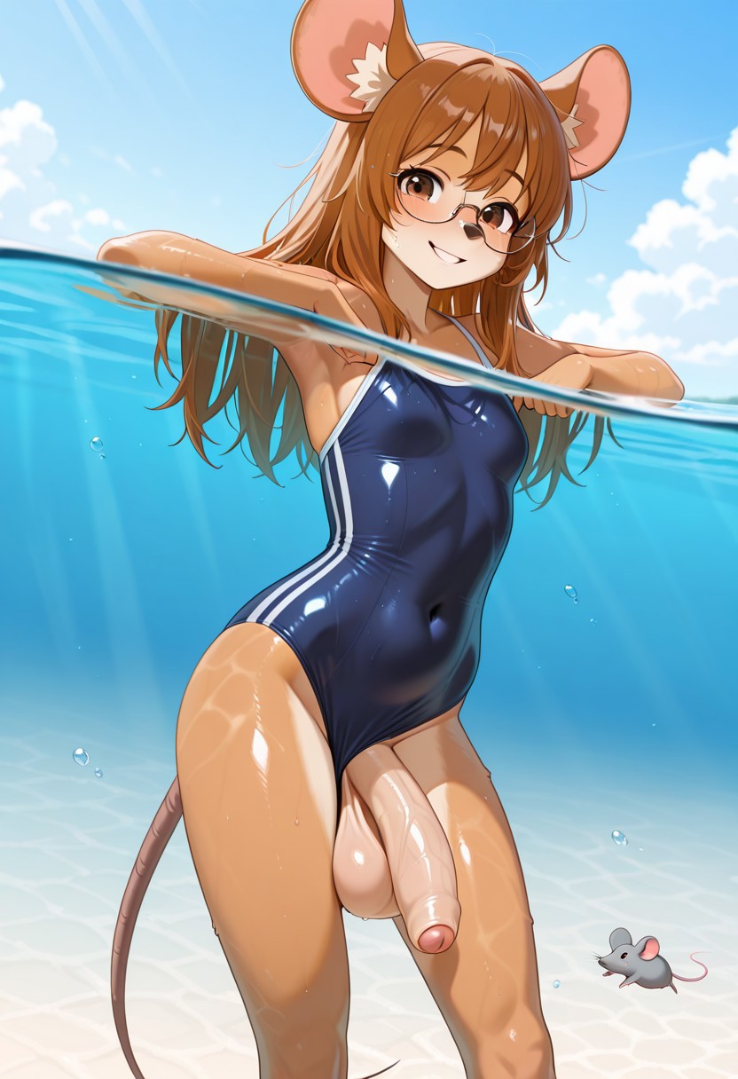 1futa, ai generated, anthro, balls, beach, big penis, breasts, brown fur, brown hair, exhibitionism, female, flaccid penis, furry, futanari, glasses, huge bulge, huge penis, intersex, large balls, long hair, looking at viewer, mouse, mouse ears, mouse girl, mouse tail, ocean, penis, penis through leghole, penny (velix5), small breasts, smiling, swimming, swimsuit, swimsuit bulge, tail, text, underwater, velix5
