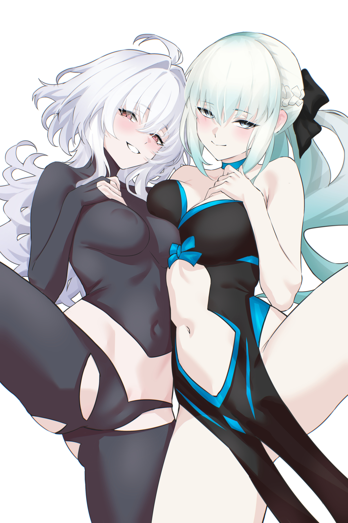 barely covered, black and blue clothing, black panties, blue eyes, cleavage, covered nipples, ei (eiei e1), fate (series), fate/grand order, fate/grand order arcade, lady avalon (fate), merlin (fate/prototype), morgan le fay (fate), pink eyes, simple background, tagme, white background, white hair
