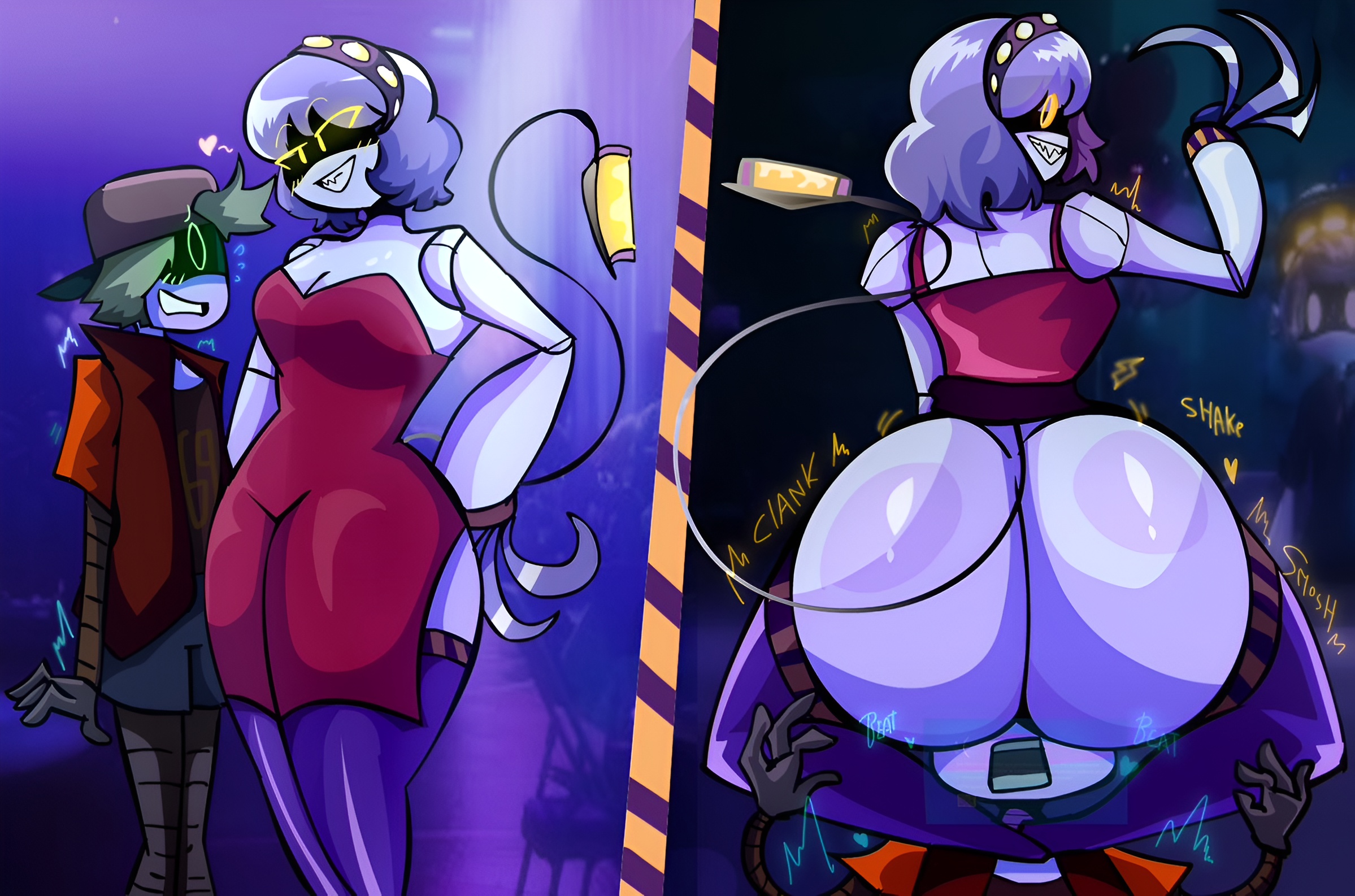 1boy, 1girls, ass, ass focus, disassembly drone, dress, female, glitch productions, male, male/female, murder drones, n (murder drones), prom dress, red dress, robot, robot boy, robot girl, shaking ass, thad (murder drones), v (murder drones), white body, worker drone