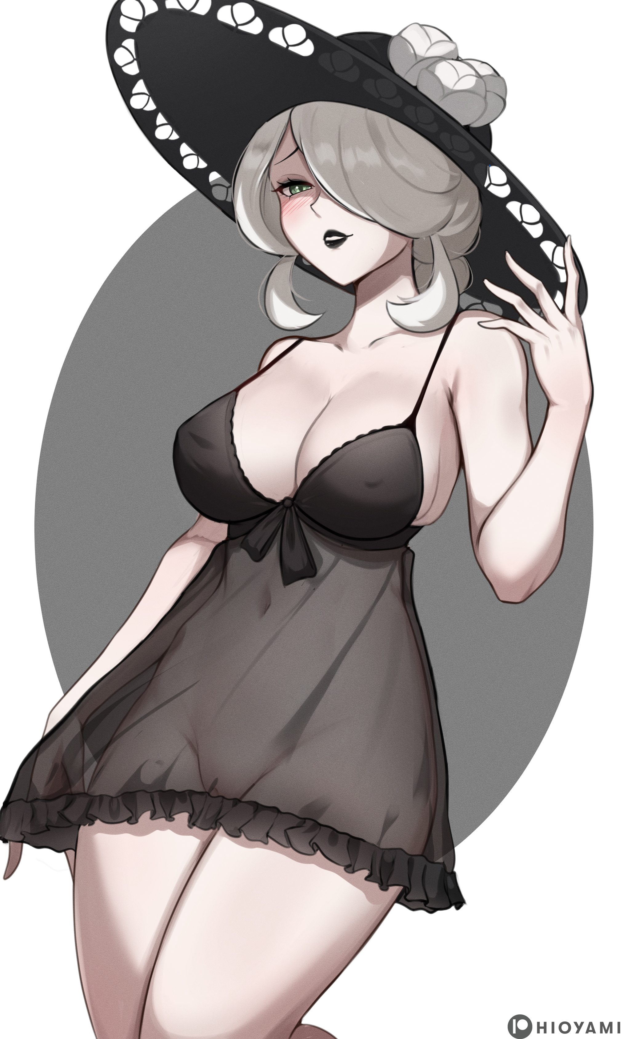 1girls, big breasts, black lipstick, breasts, cogita (pokemon), curvaceous, curvy, curvy female, female, female focus, hioyami, huge breasts, large breasts, light skin, light-skinned female, lipstick, nintendo, pokemon, pokemon legends: arceus, slim waist, solo female, thick thighs, thighs