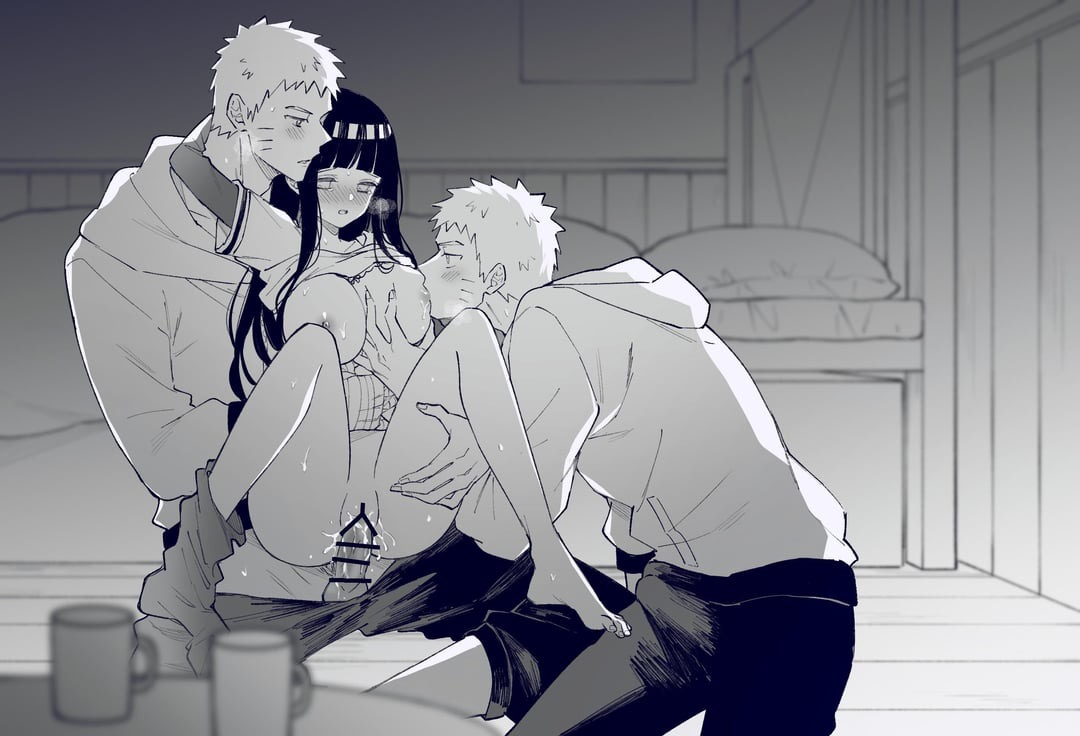 1girls, black and white, breasts, censored, clothed sex, clothing, couple, female, hyuuga hinata, kumo (pixiv15840403), love, medium breasts, naruto, naruto (series), naruto: the last, preparation, shadow clone, uzumaki naruto, wholesome