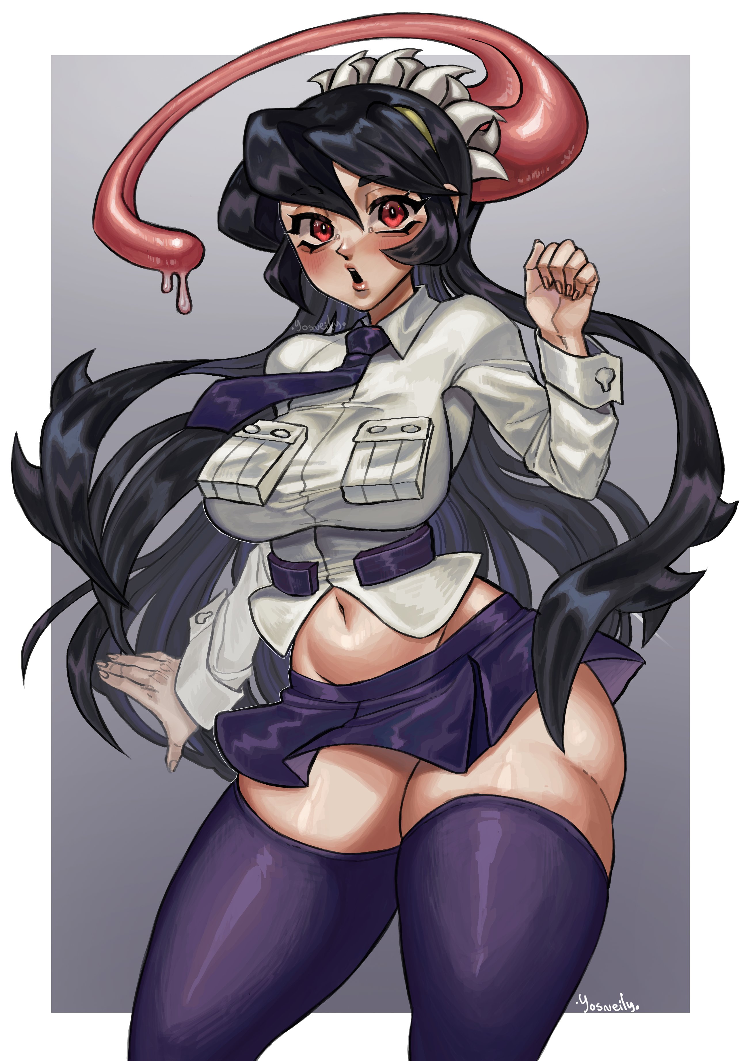 absurdres, black hair, blush, breasts, bright pupils, curvy, female, female only, filia (skullgirls), grey background, hand up, highres, large breasts, long hair, mooo sann, navel, necktie, open mouth, pink lips, pleated skirt, samson (skullgirls), school uniform, skirt, skullgirls, solo, thick thighs, thighhighs, thighs, tongue, tongue out, wide sleeves, wide-eyed