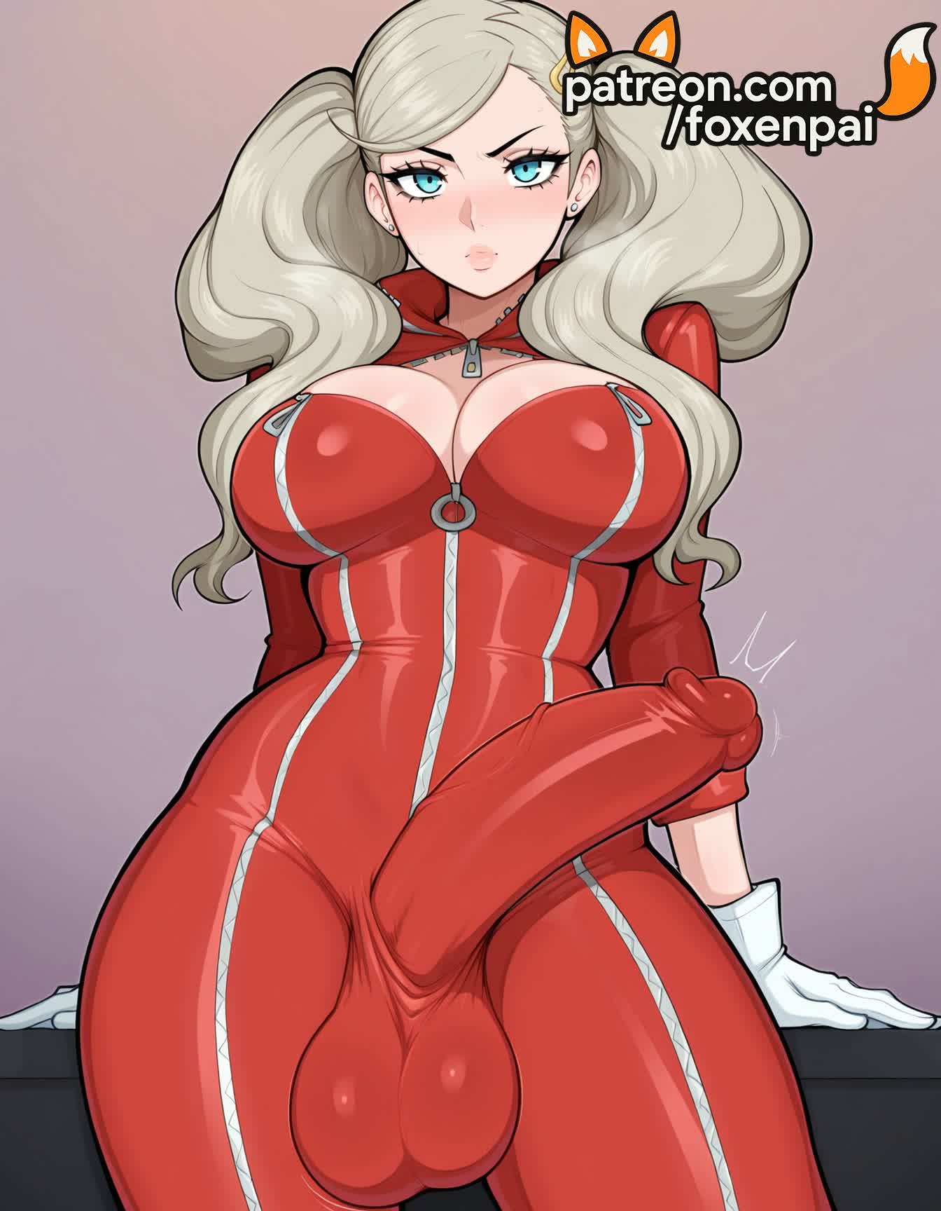 1boy, 1futa, 2025, ai generated, ann takamaki, ann takamaki (panther), arm support, artist name, blonde hair, breasts, bulge, bust, chest, cock, dick, earrings, erection, erection under clothes, foxenpai, futanari, gloves, hi res, high quality, high resolution, highres, jewelry, long hair, newhalf, patreon, patreon username, penis, persona, persona 5, phantom thief suit, precum, solo, stable diffusion, swept bangs, testicles, twintails, twitching penis, uncensored, watermark, zipper