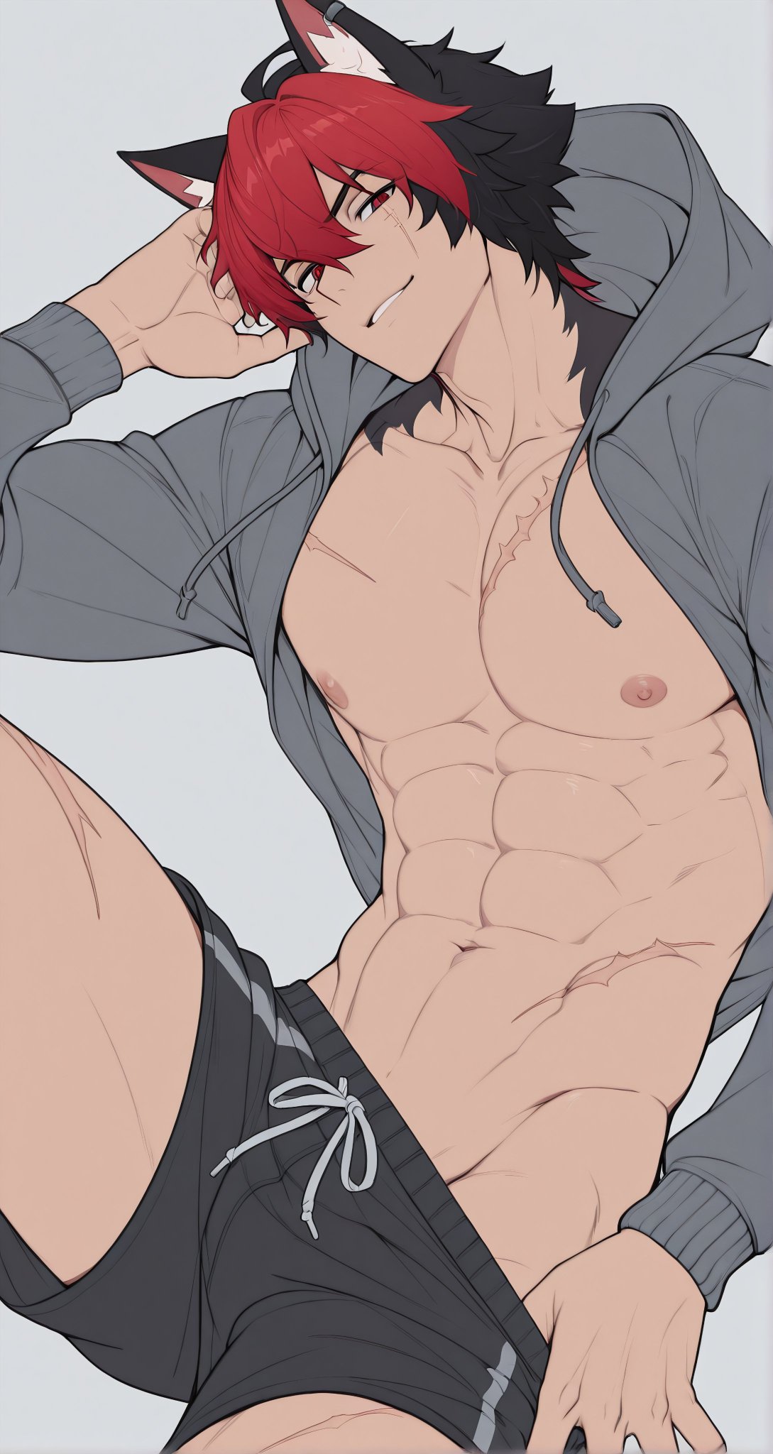 abs, ai generated, black clothing, black ears, black hair, black shorts, clothed, clothed male, clothing, dog boy, dog ears, ear piercing, facial scar, fit, fit male, grey clothing, grey hoodie, hoodie, komano manato, light skin, light-skinned male, looking at viewer, male, male only, red eyes, red hair, scar, scars, shorts, solo, solo male, two tone hair, two-tone hair, zenless zone zero