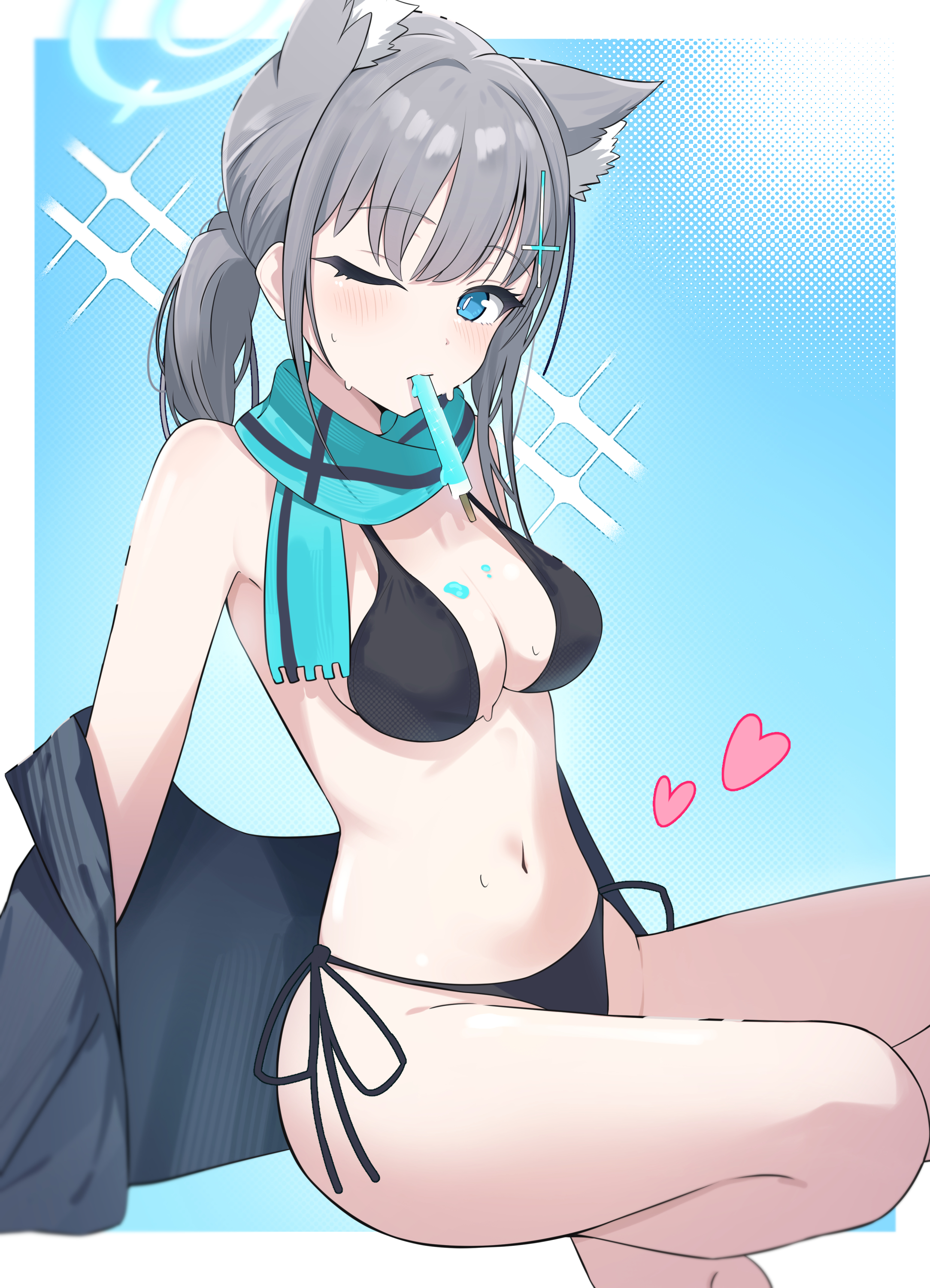 absurdres, alternate costume, animal ear fluff, animal ears, bikini, black bikini, blue archive, blue halo, breasts, cleavage, cross, cross hair ornament, female, grey hair, hair ornament, halo, highres, inverted cross, kanimiso30601, mismatched pupils, multi ear, navel, shiroko (blue archive), solo, swimsuit, wolf ears