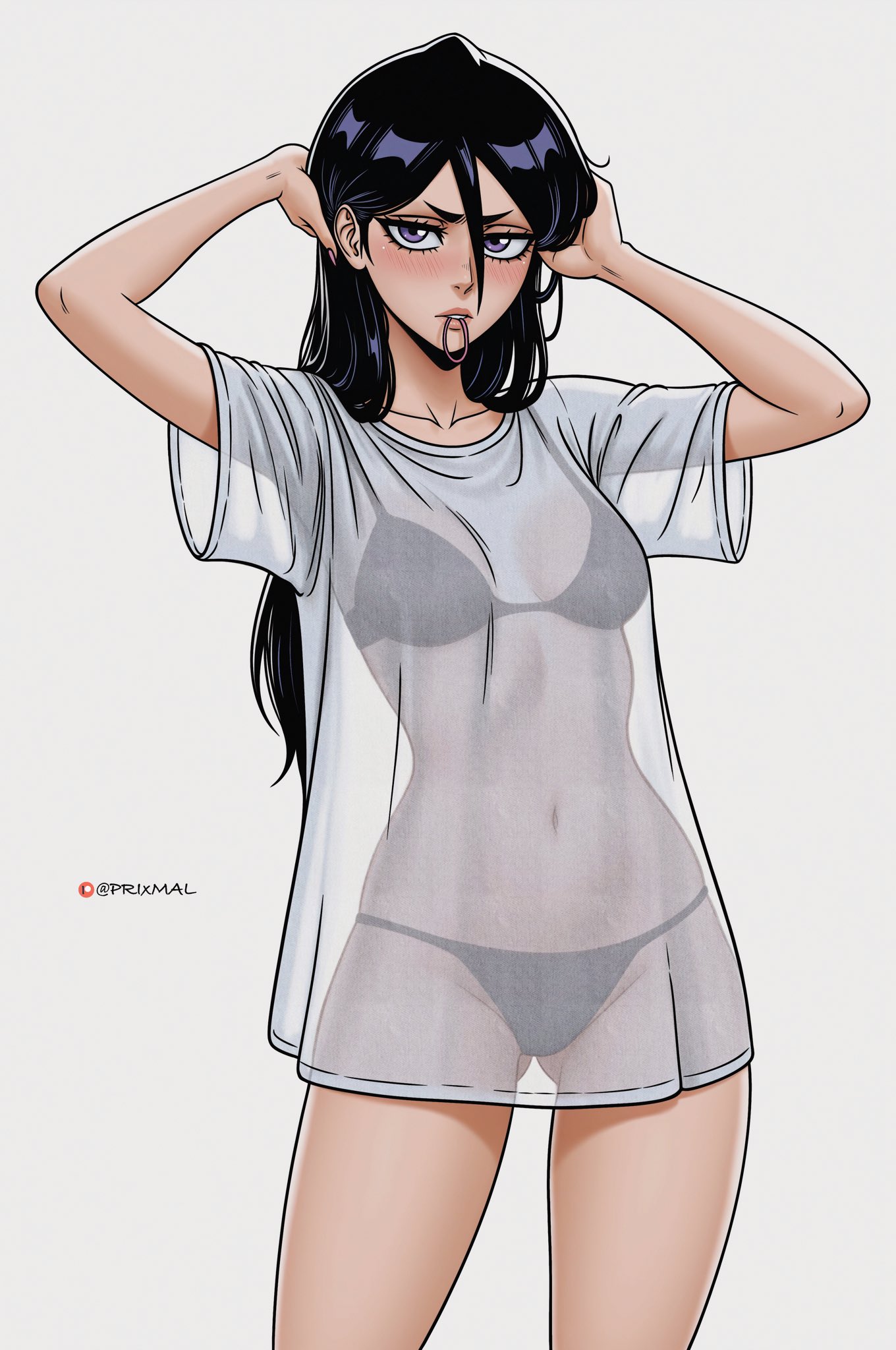 belly button, bleach, blush, bra, breasts, female, female only, hi res, high quality, kuchiki rukia, legs, lingerie, long hair, navel, panties, petite, prixmal, purple eyes, see-through, see-through clothing, sexy, shirt, signature, small breasts, thighs, tying hair