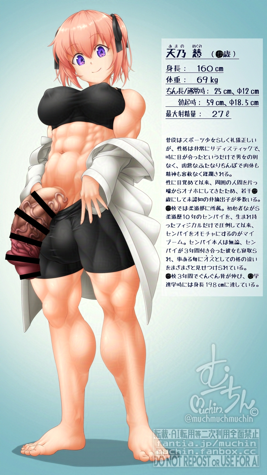 1futa, abs, censored, character sheet, futa only, futanari, huge cock, intersex, megumi amano (muchin), muchin, muscular, muscular futa, penis, pink hair, purple eyes, solo, translated