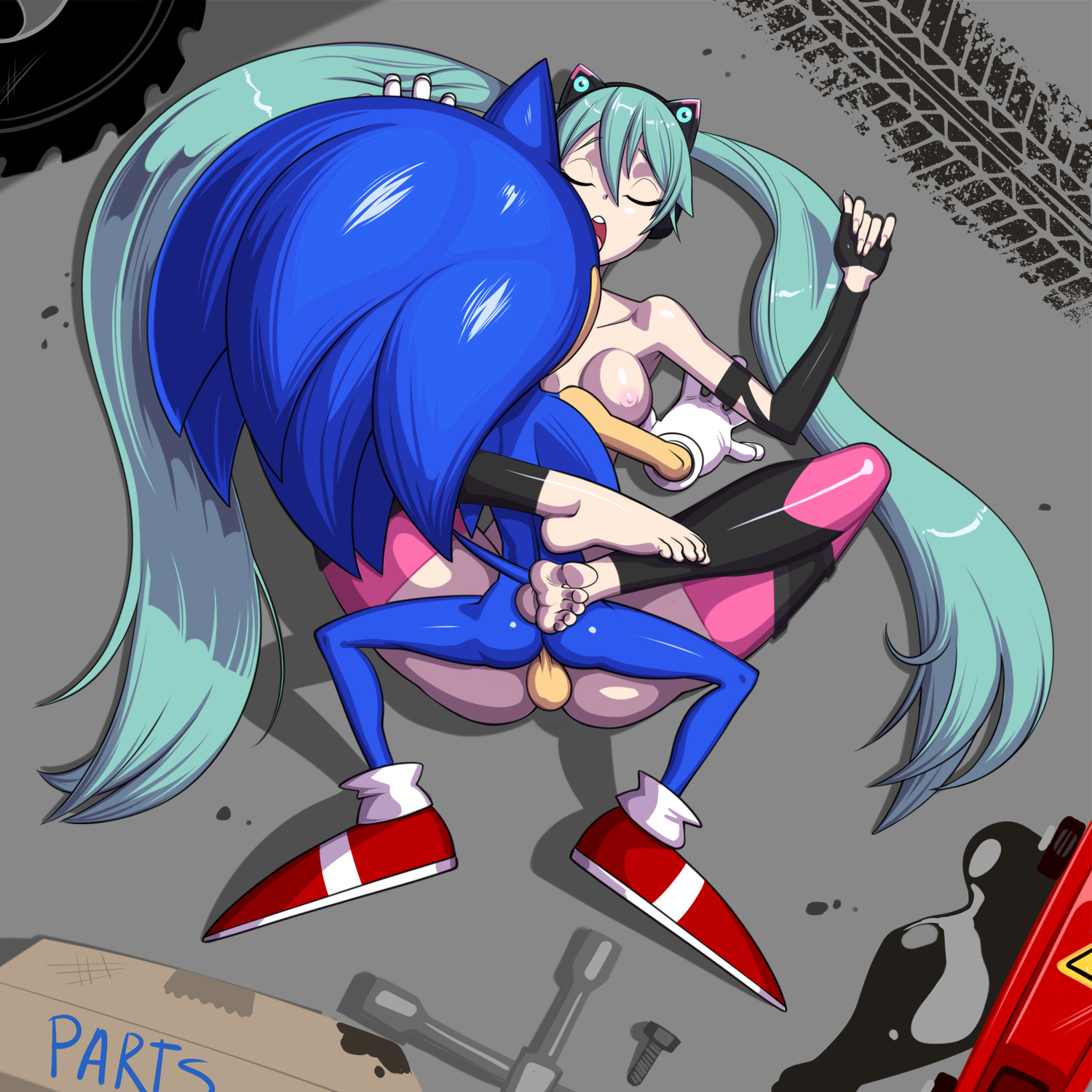 1boy, 1girl, 1girls, animal ears, anthro, aqua hair, arm gloves, ass, blue hair, breasts, breasts out, closed eyes, crossover, elbow gloves, female, fingerless gloves, furry, furry male, furry on human, furry with non-furry, gloves, grillo, hatsune miku, hatsune miku (sonic racing crossworlds), headphones, hetero, implied penetration, interspecies, leg lock, leg wrap, long hair, male, medium breasts, moaning, nipples, oil, open mouth, penis, pink nipples, sega, sex, shiny, sonic (series), sonic racing crossworlds, sonic the hedgehog, sonic the hedgehog (series), stockings, testicles, thigh highs, twintails, vaginal, very long hair, vocaloid, vocaloid 2, wrench