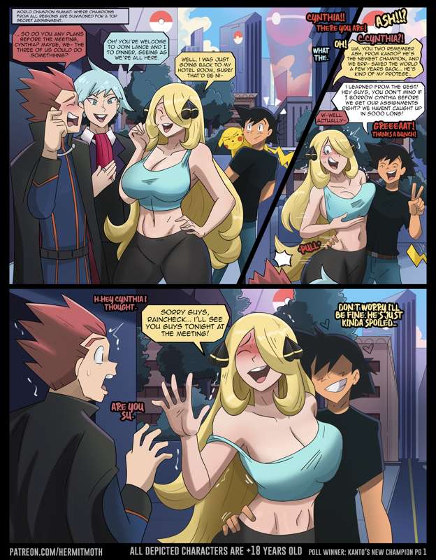 1girls, 3boys, age difference, big breasts, blonde hair, blush, breasts, cleavage, comic, cuckold, cynthia (pokemon), female, hair ornament, hair over one eye, hand on another's waist, hand on hip, hermitmoth, lance (pokemon), long hair, male, nervous smile, nintendo, pikachu, pokemon, pokemon trainer, satoshi (pokemon), smile, steven stone (pokemon), straight, upper teeth, very long hair