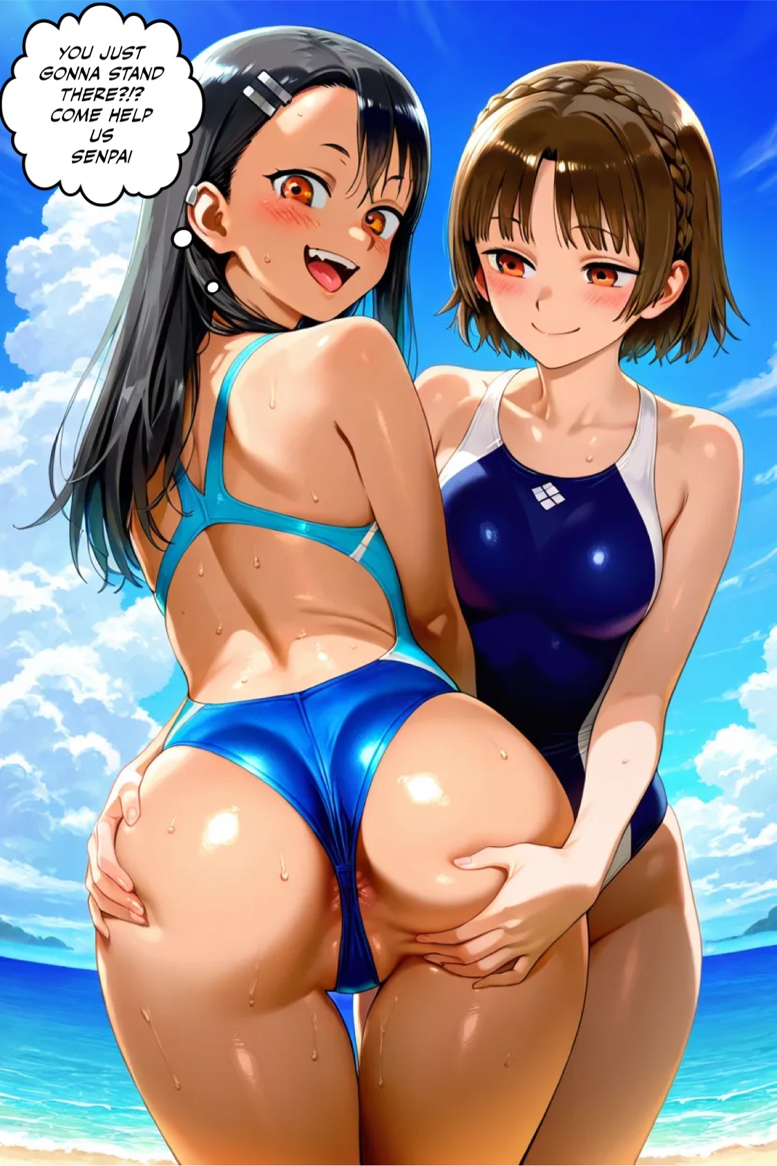 2girls, ai generated, ass grab, beach, crossover, female, hayase nagatoro, makoto niijima, persona, persona 5, please don't bully me, nagatoro, sweat, swimsuit, yuri