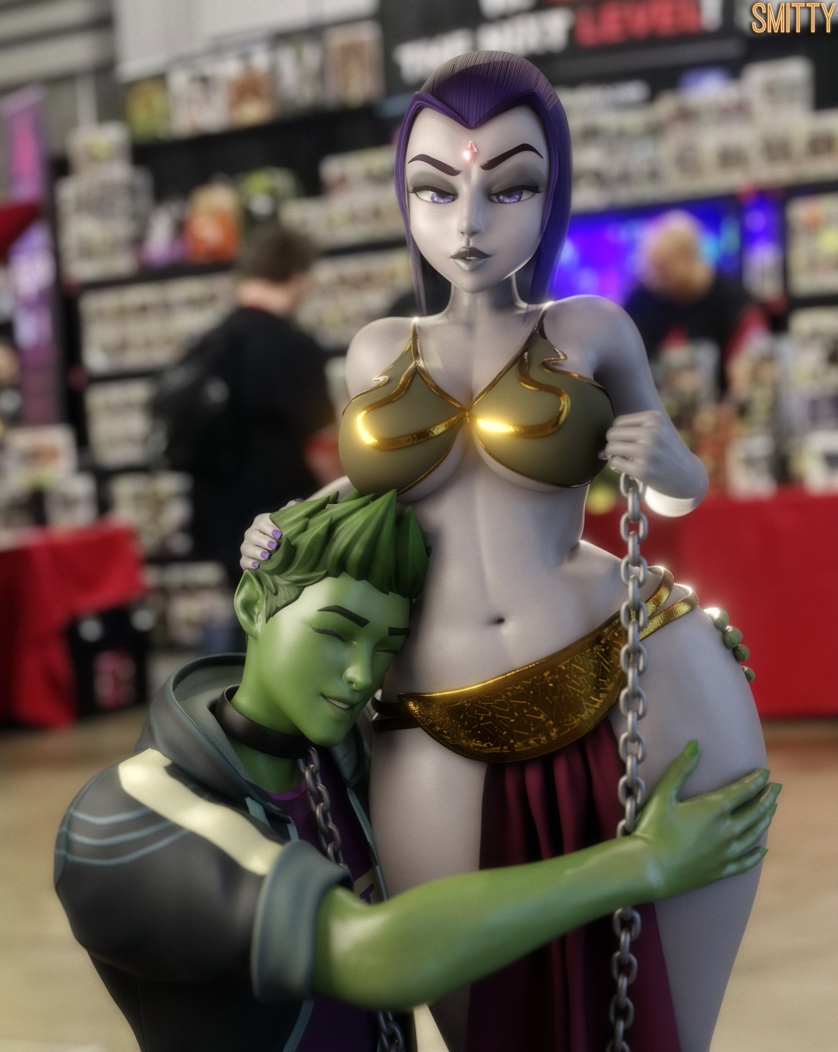 1boy, 1boy1girl, 1girls, 1male1female, beast boy, belly dancer, belly dancer outfit, big breasts, big lips, breasts, canon couple, chain leash, chained up, cosplay, cosplayer, crossover cosplay, dc, dc comics, dominant female, face on belly, female, gem on forehead, green skin, grey skin, harem girl, harem outfit, holding thigh, large ass, large breasts, male, purple eyes, purple hair, raven (dc), slave, slave collar, slave girl, slave leia (cosplay), smitty34, smug, smug expression, smug face, smug smile, sole female, sole male, star wars, submissive male, teen titans, thick thighs, voluptuous female