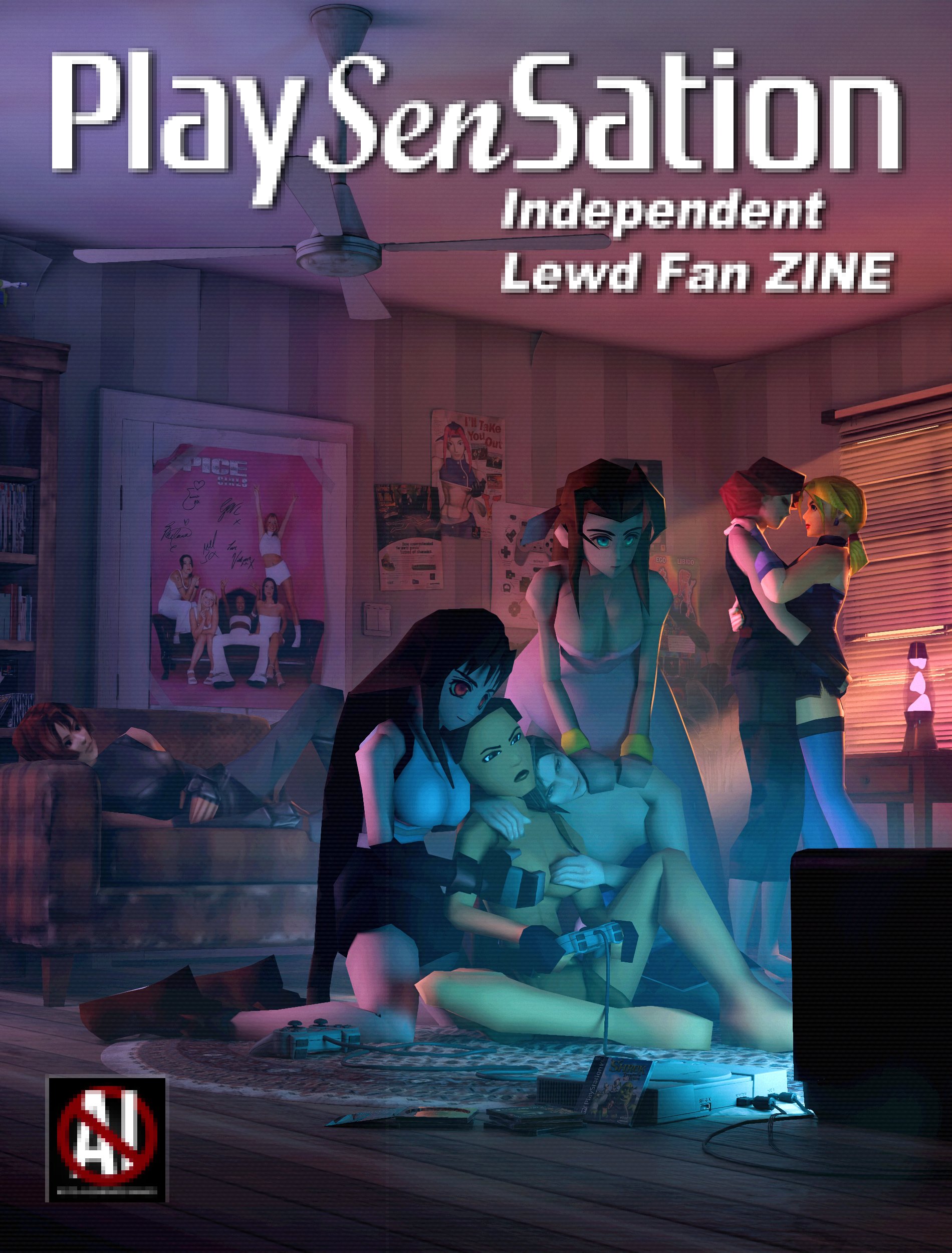 1990s, 3d, 3d (artwork), 6girls, 90s, aerith gainsborough, big breasts, blonde hair, breast grab, breasts, brown hair, cleavage, covering breasts, crossover, cuddle, dancing, dino crisis, dress, electronics, female, female only, final fantasy, final fantasy vii, game console, game controller, group, heroines, human, human only, indoors, jill valentine, lara croft, lara croft (classic), low poly, magazine cover, meryl silverburgh, metal gear, metal gear solid, multiple females, multiple girls, nina williams, on couch, pale skin, playing videogame, playstation, playstation 1, provocative pixels, ps1 artstyle, regina (dino crisis), resident evil, smile, softcore, tekken, television, tifa lockhart, tomb raider, tomb raider (classic), yuri