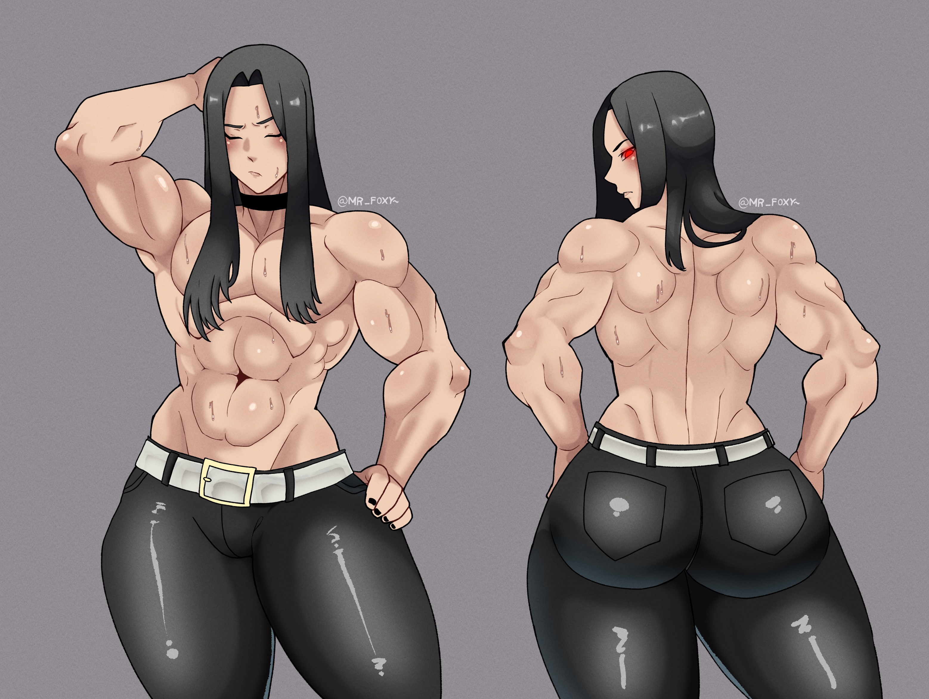 1boy, 2d, abs, ass, back, back muscles, back view, belly, belly button, belt, biceps, big ass, big thighs, black hair, choker, femboy, femboy only, feminine male, fighting game, goth, gothic, guilty gear, guilty gear strive, hand on head, hand on hip, huge ass, jeans, long hair, male, mr foxy15, multiple views, muscles, muscular, muscular back, muscular male, necklace, nonbinary, otoko no ko, otokonoko, painted nails, red eyes, relaxing, showing ass, sweat, testament (guilty gear)