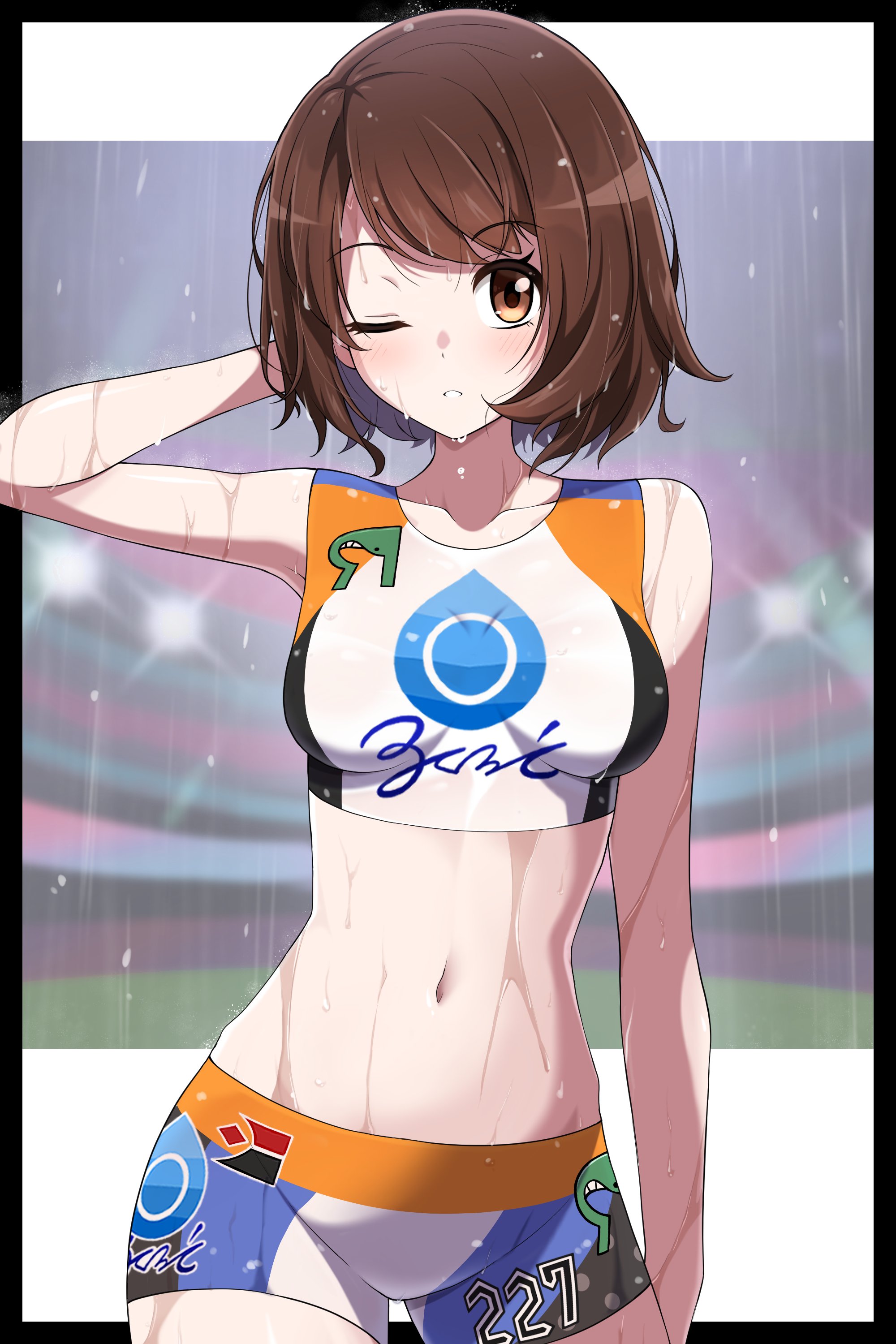 1girls, absurdres, blush, breasts, brown eyes, brown hair, collarbone, crop top, female, female only, game freak, gloria (pokemon), gym challenge uniform, highres, long hair, looking at viewer, navel, nintendo, one eye closed, parted lips, pokemon, pokemon ss, pokemon swsh, print shorts, rain, shabana may, short hair, shorts, small breasts, solo, stomach, water, wet, white shorts