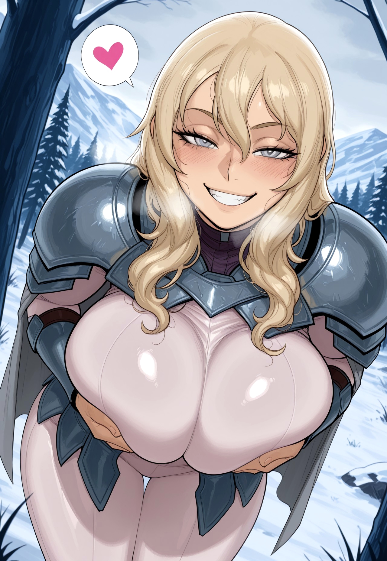 1girls, ai generated, armor, bent over, blonde hair, blush, bodysuit, breast hold, breast lift, breasts, claymore, curvy body, dutch angle, eyelashes, faulds, female, flora (claymore), grabbing own breast, grey cape, heavy breathing, huge breasts, large breasts, leaning forward, long hair, pauldrons, remington34, shoulder armor, silver eyes, smile, smug, spoken heart, teeth, thicc thighs, wavy hair, wide hips