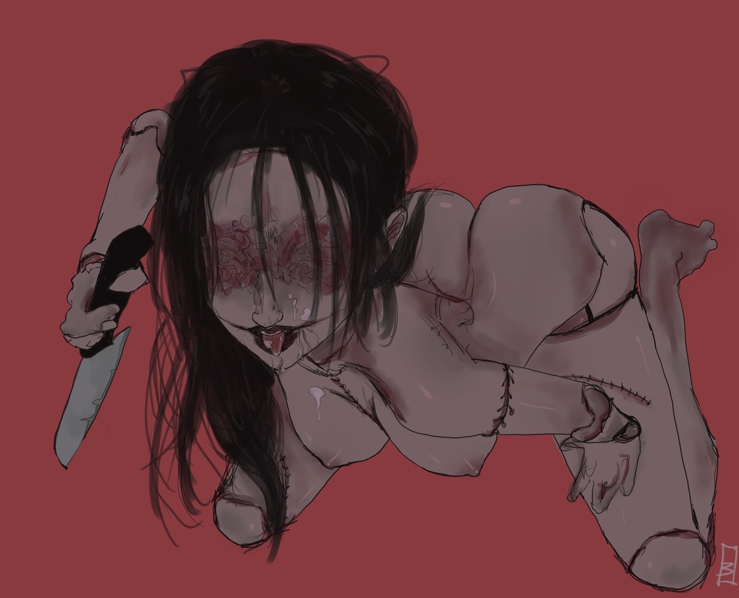 1girls, black hair, breasts, cum in mouth, cum on breasts, cum on face, fanart, female, kashimashi (silent hill), knife, monster girl, on knees, open mouth, scars, self upload, silent hill, silent hill f, smile, unholypen, xxpen