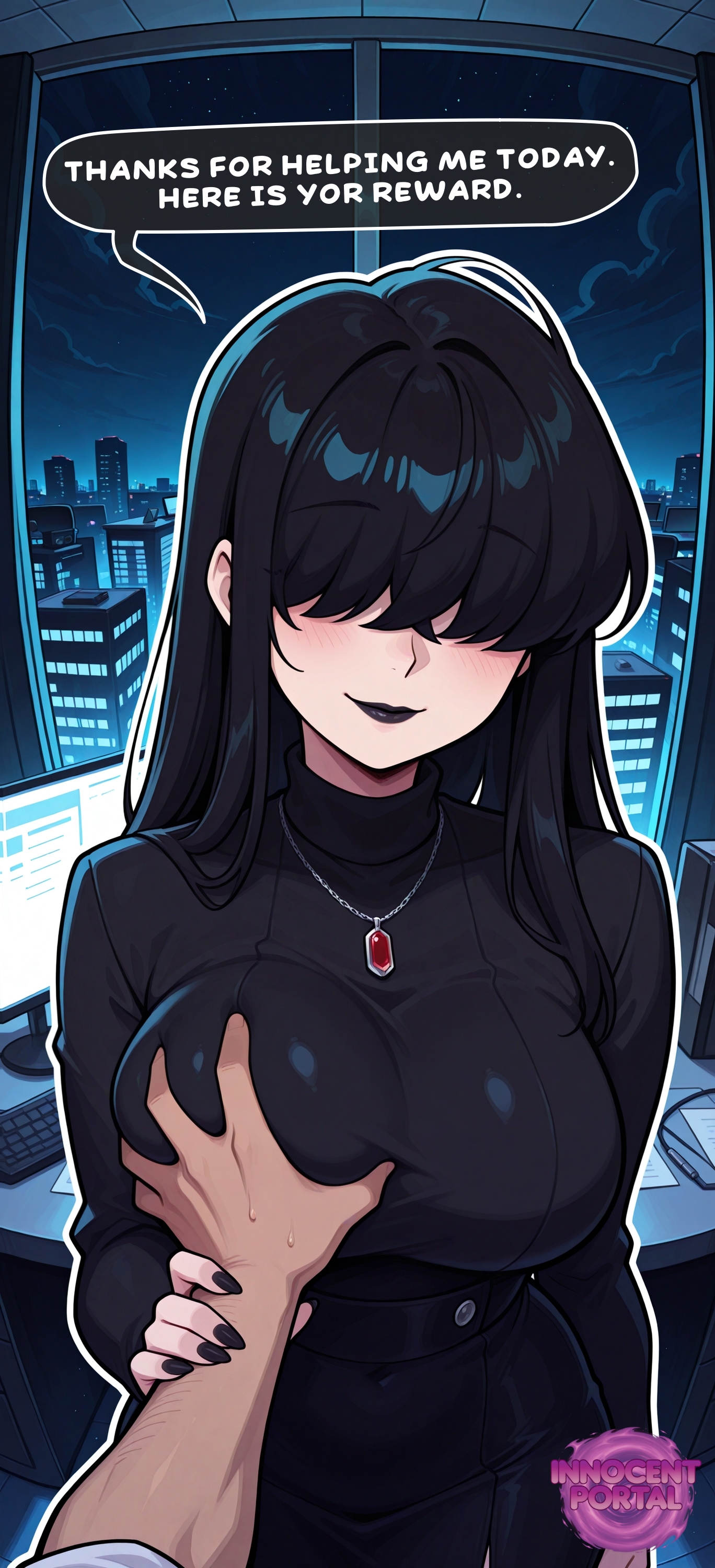 1girls, ai generated, bangs, bangs over eyes, big breasts, black clothes, black clothing, black hair, black lips, black lipstick, black skirt, black sweater, blush, blush lines, boss, boss lady, breast grab, breasts, city, cityscape, clothed breasts, computer, computer monitor, female, female boss, female focus, front view, goth, goth girl, goth makeup, gothic, gothic girl, grabbing another's breast, grabbing breast, grabbing breasts, guided breast grab, hair covering eyes, hair over eyes, holding hands, jorgecarlosai, keyboard, light smile, lipstick, long hair, makeup, monitor, night, night sky, office, office lady, pale, pale skin, pale skinned female, pale-skinned female, pendant, pov, sexy, skirt, sweater, turtleneck, turtleneck sweater, watermark, window