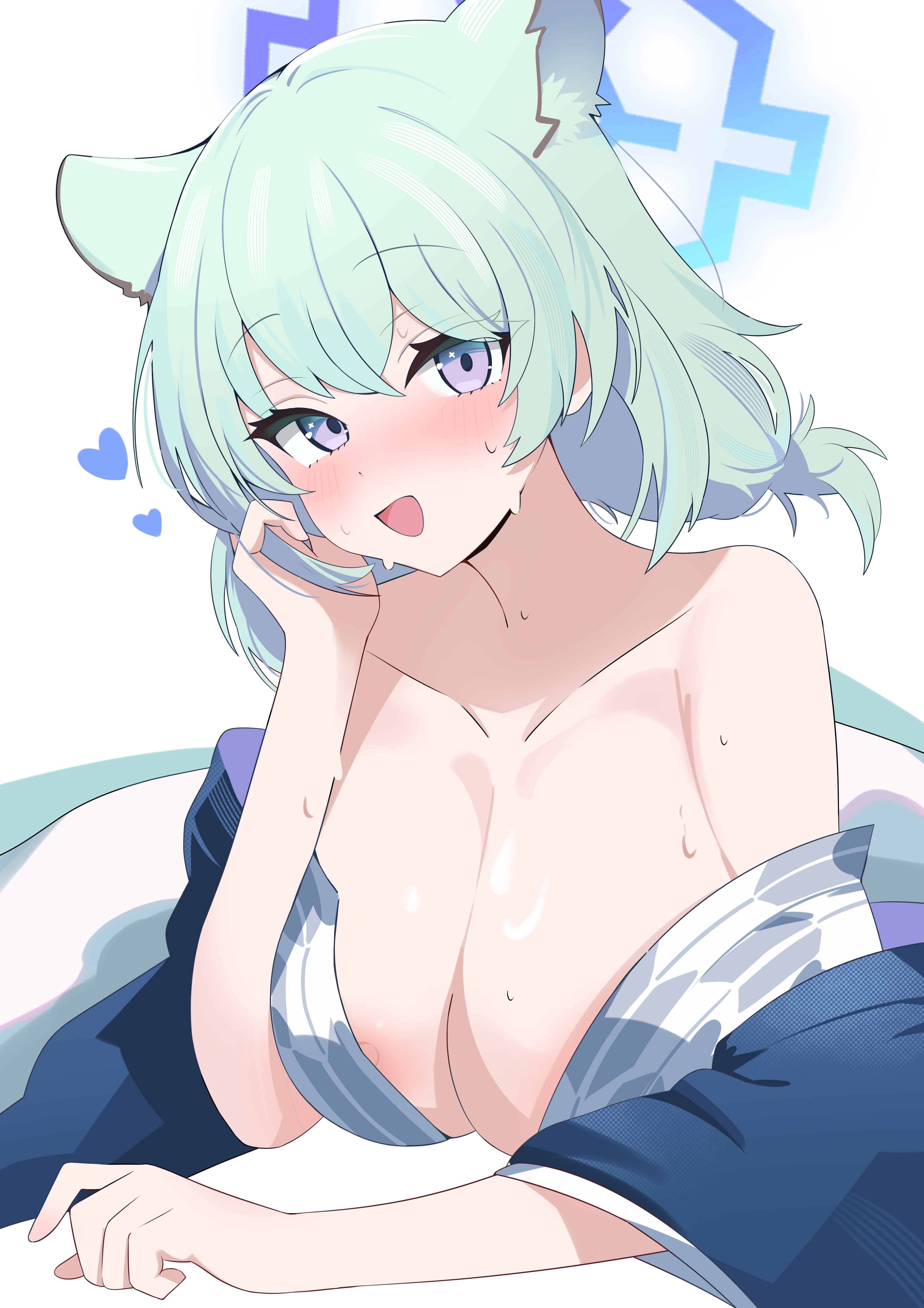 absurdres, alternate breast size (larger), aqua hair, bare shoulders, blue archive, blue halo, blue kimono, blush, breasts, cleavage, collarbone, female, halo, heart, highres, japanese clothes, kanimiso30601, kimono, large breasts, looking at viewer, nipple slip, nipples, official alternate costume, open mouth, purple eyes, shigure (blue archive), shigure (hot spring) (blue archive), short hair, solo, sweat