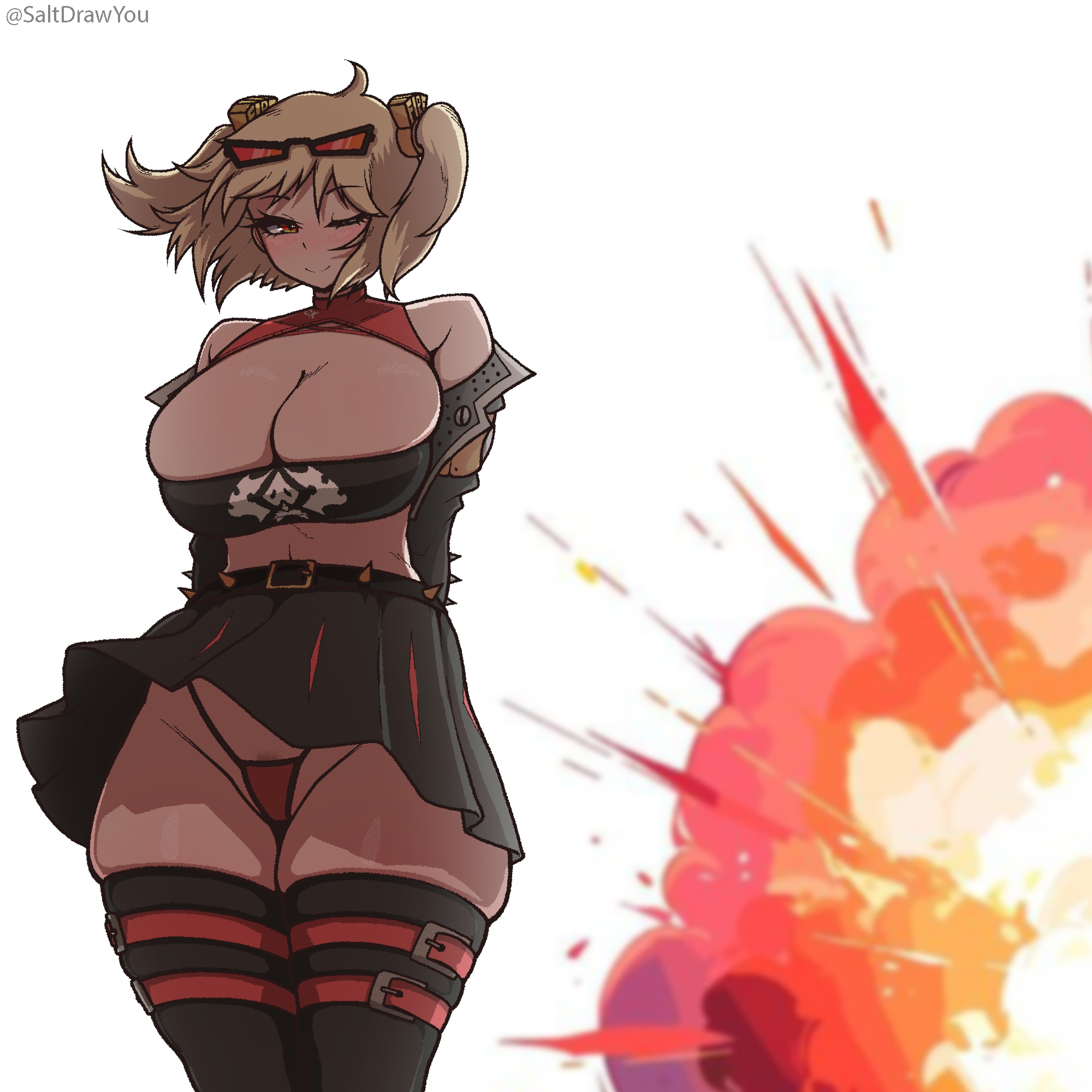 1girls, absurdres, arms behind back, artist name, bare shoulders, belt, belt buckle, black belt, black skirt, black thighhighs, black tube top, blonde hair, breasts, buckle, burnice white, choppy bangs, cleavage, closed mouth, clothes lift, commentary, cowboy shot, curvy, explosion, eyewear on head, female, female pubic hair, groin, highleg, highleg panties, highres, huge breasts, looking at viewer, midriff, one eye closed, orange-tinted eyewear, panties, pubic hair, pubic hair peek, red eyes, red panties, saltdrawyou, short hair, skindentation, skirt, skirt lift, smile, solo, spiked belt, standing, strapless, sunglasses, thick thighs, thighhighs, thighs, thighs together, tinted eyewear, tube top, twintails, twitter username, underwear, white background, zenless zone zero