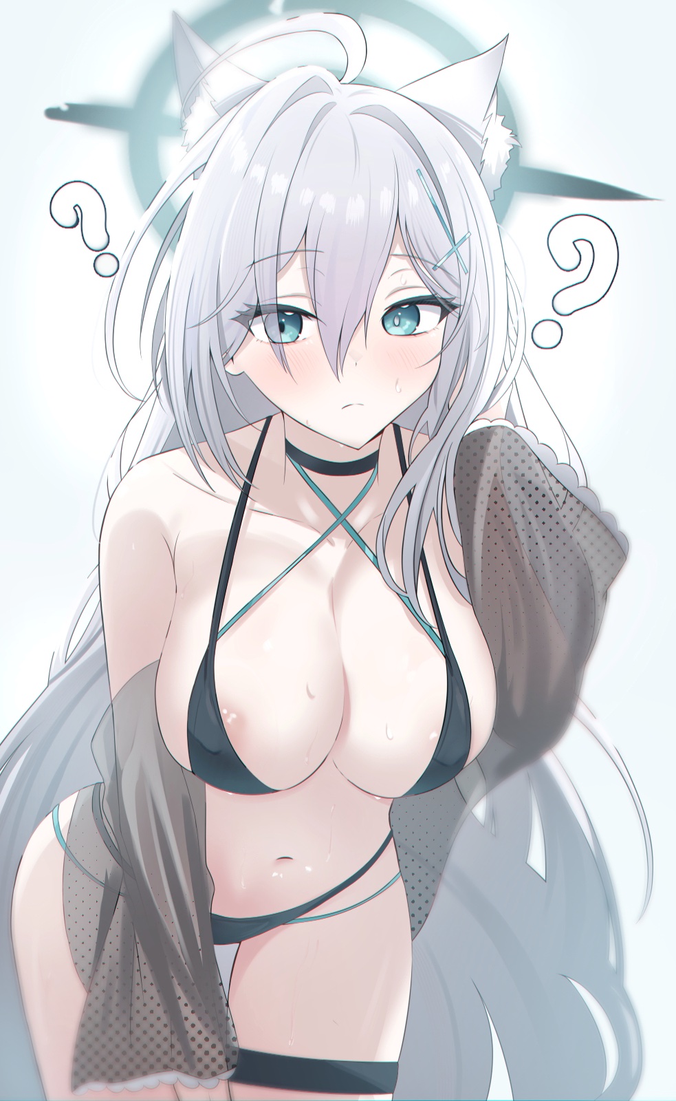 ?, ??, alternate costume, animal ears, areola slip, bad link, bare shoulders, bikini, black bikini, black choker, blue archive, blush, breasts, choker, cowboy shot, female, green eyes, grey hair, halo, highres, kanimiso30601, large breasts, leaning forward, long hair, navel, shiroko terror (blue archive), solo, swimsuit, thigh strap, thighs, very long hair, wolf ears, wolf girl