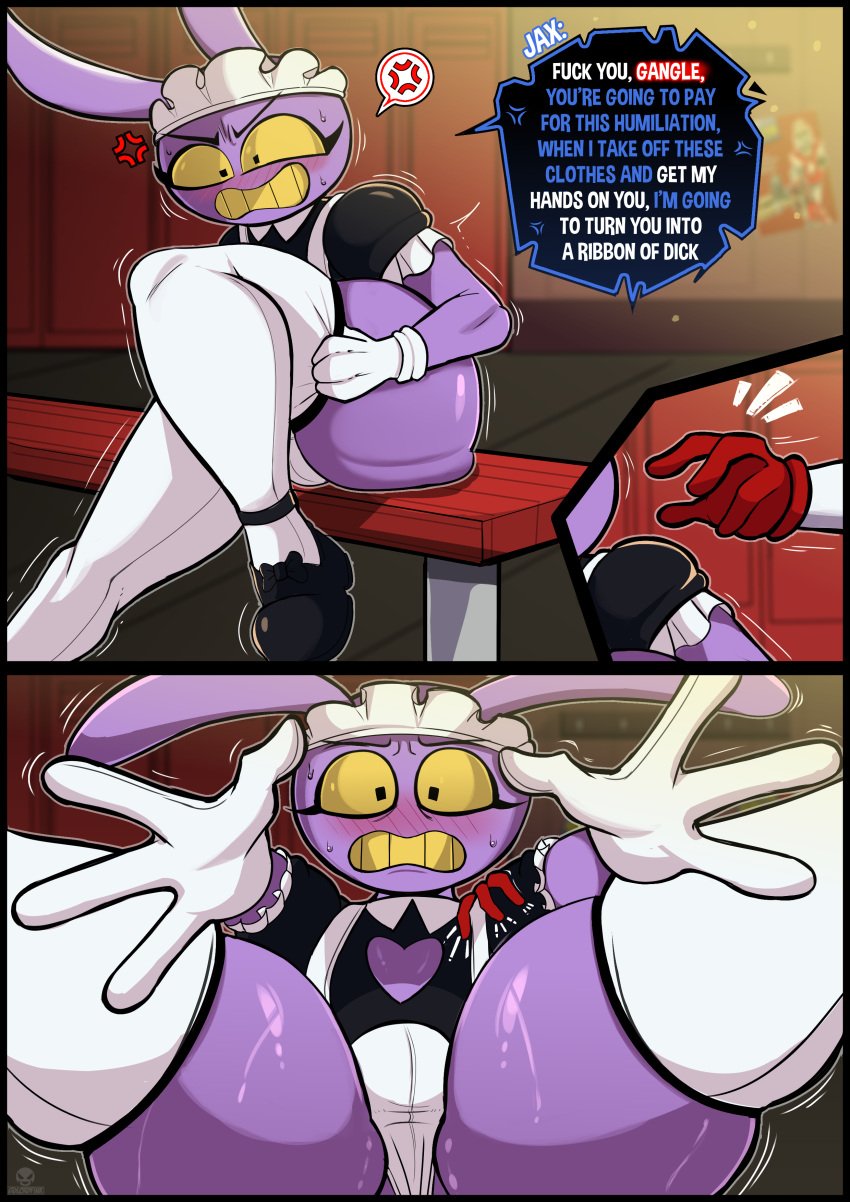 1boy, 1futa, anthro, bunny, comic, cosplay, evil pomni (the amazing digital circus), futa on male, futanari, gay, glitch productions, intersex, jax (the amazing digital circus), lordfink, maid, maid jax (the amazing digital circus), male, official alternate costume, sissy, stockings, text, the amazing digital circus