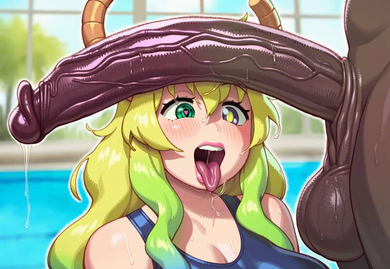 1boy, 1girls, ai generated, big breasts, big penis, breasts, dark skin, dark-skinned male, female, hair, heterochromia, huge breasts, interracial, juuicyai, kobayashi-san chi no maidragon, light skin, light-skinned female, long hair, lucoa, lucoa (maidragon), male, miss kobayashi's dragon maid, multicolored hair, penis, quetzalcoatl (dragon maid), tongue, tongue out